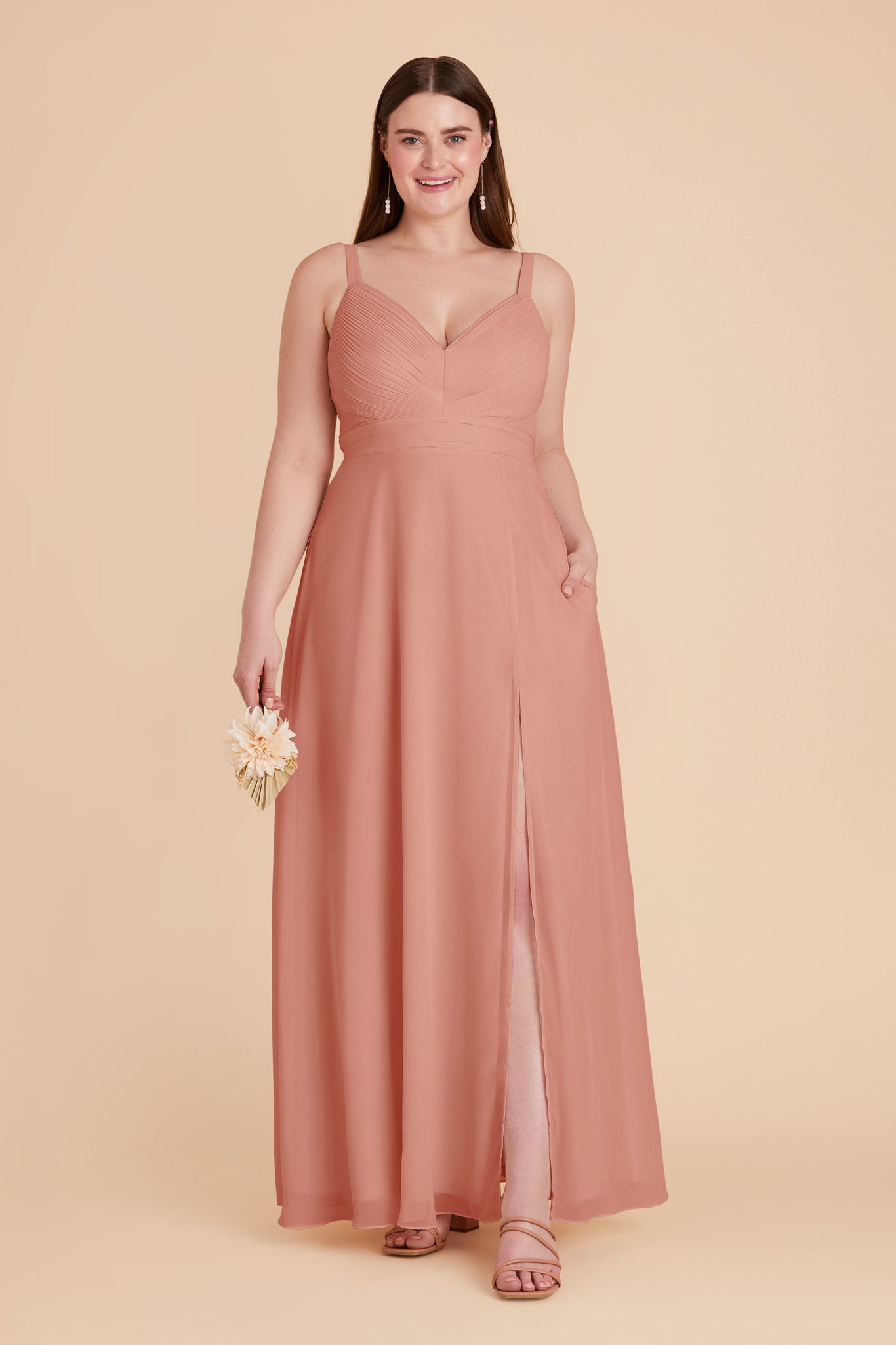 Chiffon A-Line Dress with V-Neck & Slit | Deborah in Dusty Rose