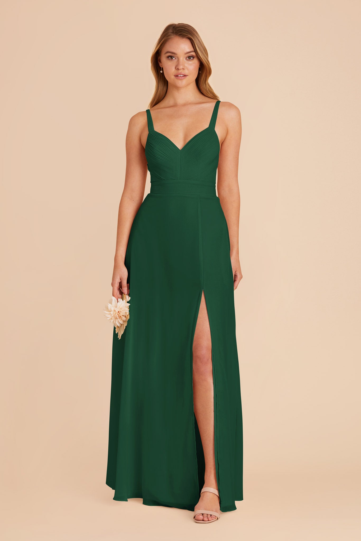 Chiffon A-Line Dress with V-Neck & Slit | Deborah in Forest Green
