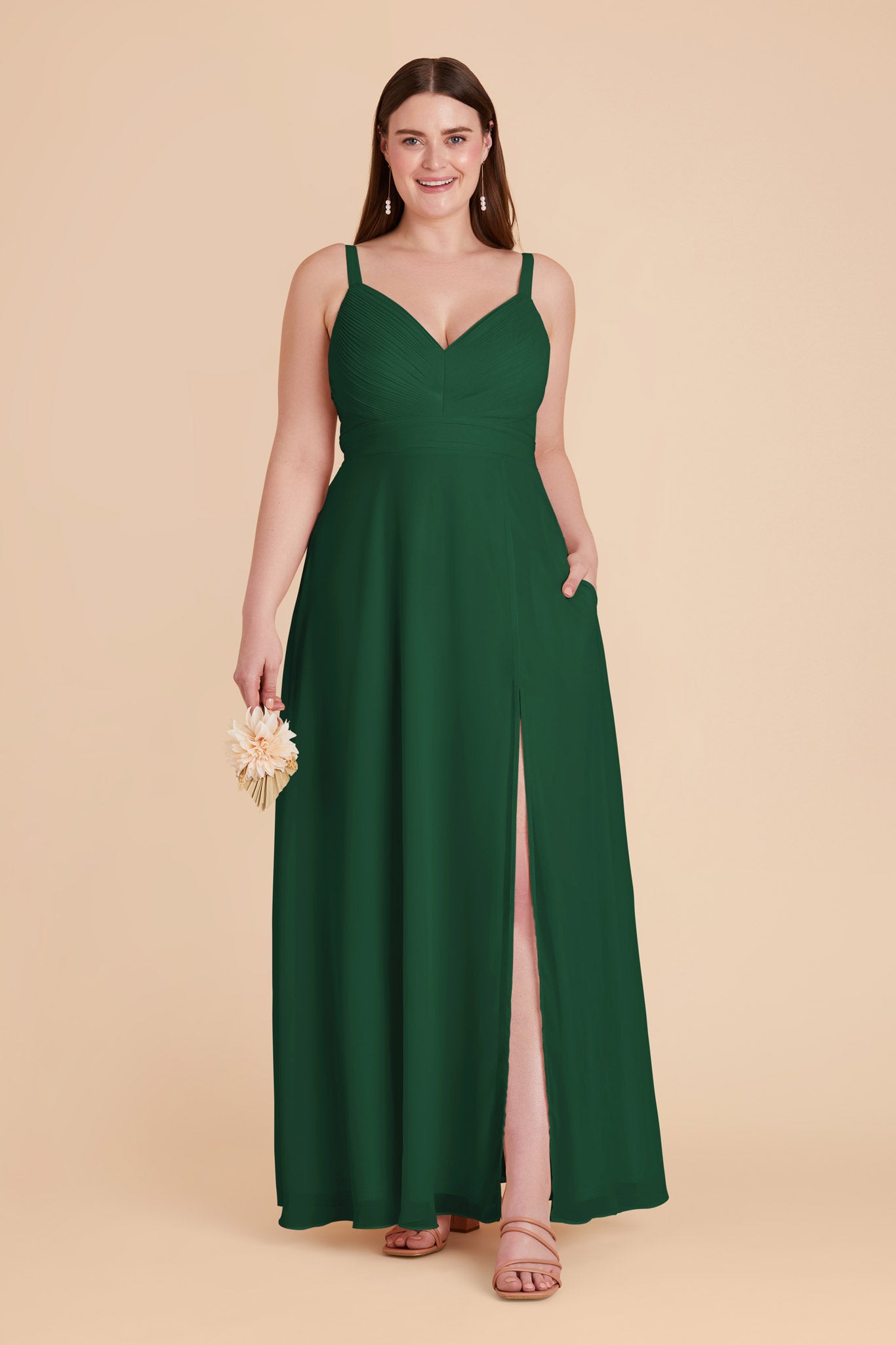 Chiffon A-Line Dress with V-Neck & Slit | Deborah in Forest Green