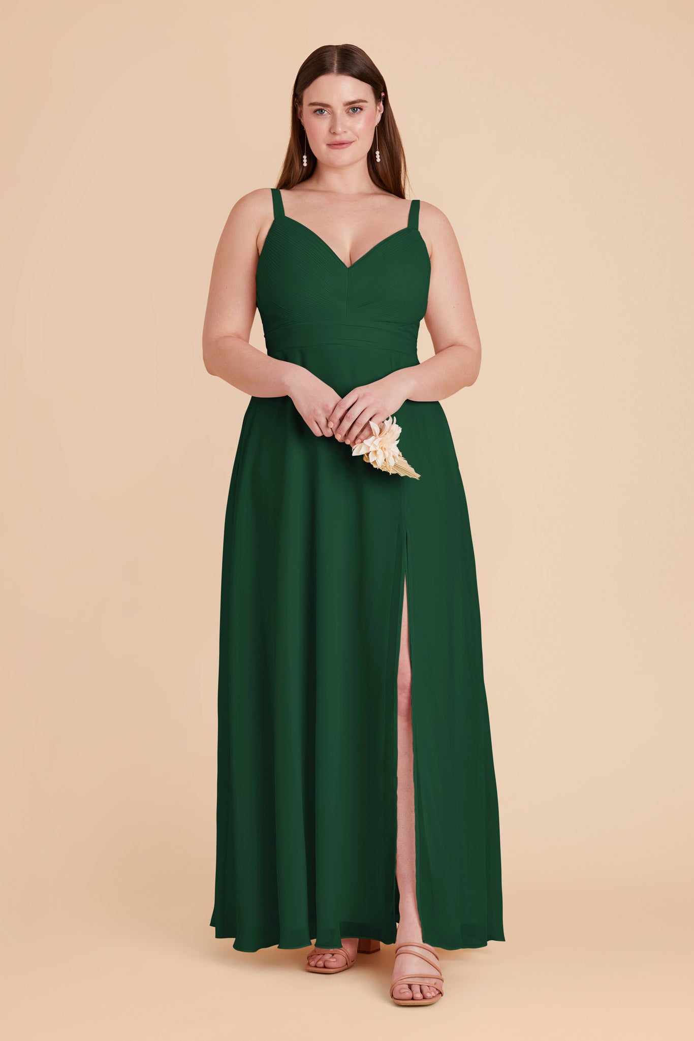Chiffon A-Line Dress with V-Neck & Slit | Deborah in Forest Green