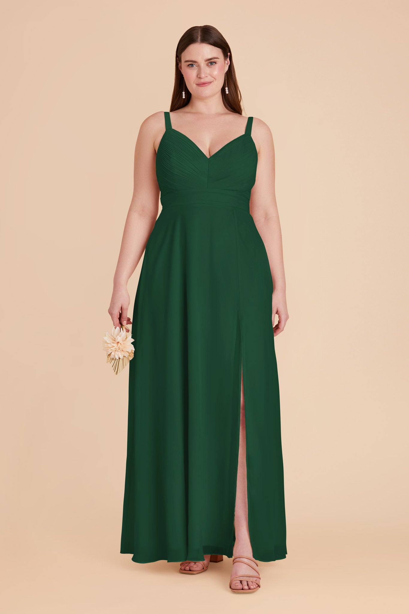 Chiffon A-Line Dress with V-Neck & Slit | Deborah in Forest Green