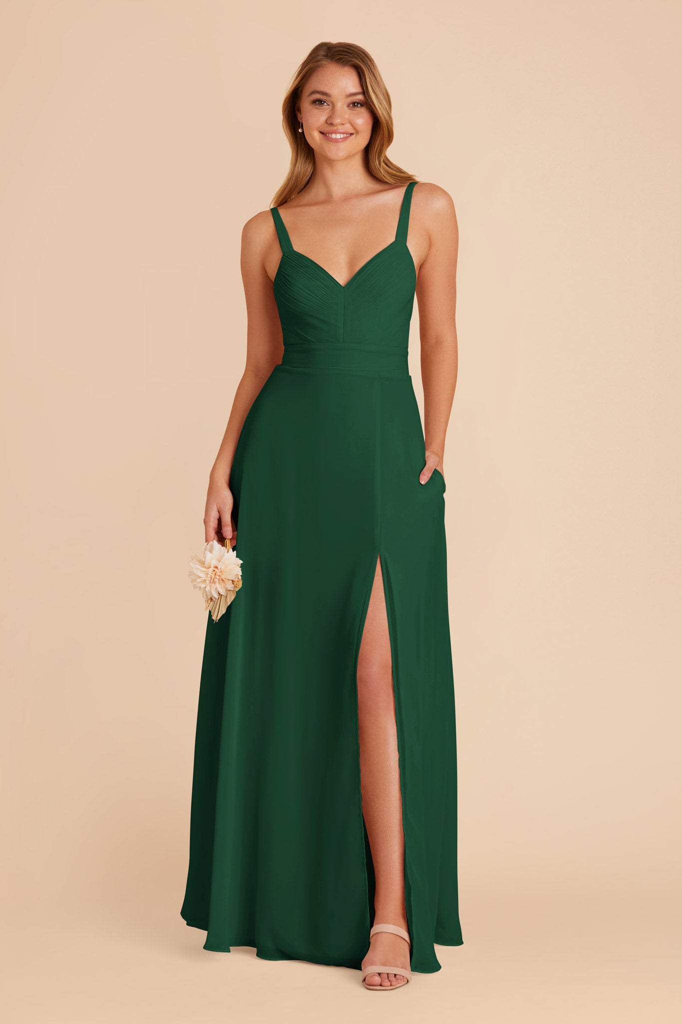 Chiffon A-Line Dress with V-Neck & Slit | Deborah in Forest Green