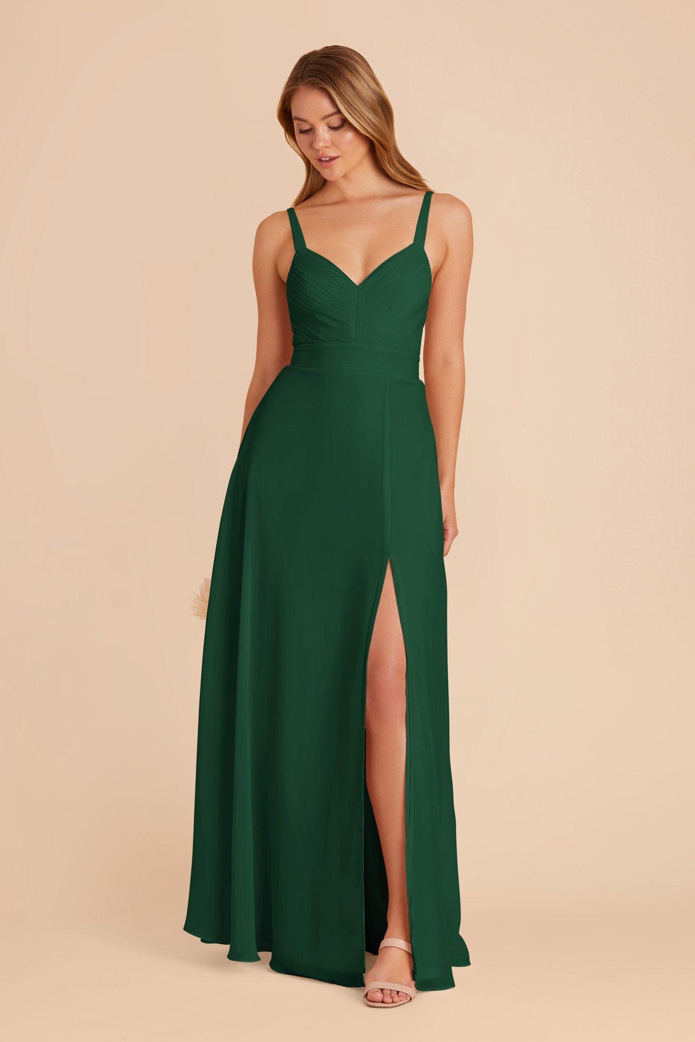 Chiffon A-Line Dress with V-Neck & Slit | Deborah in Forest Green