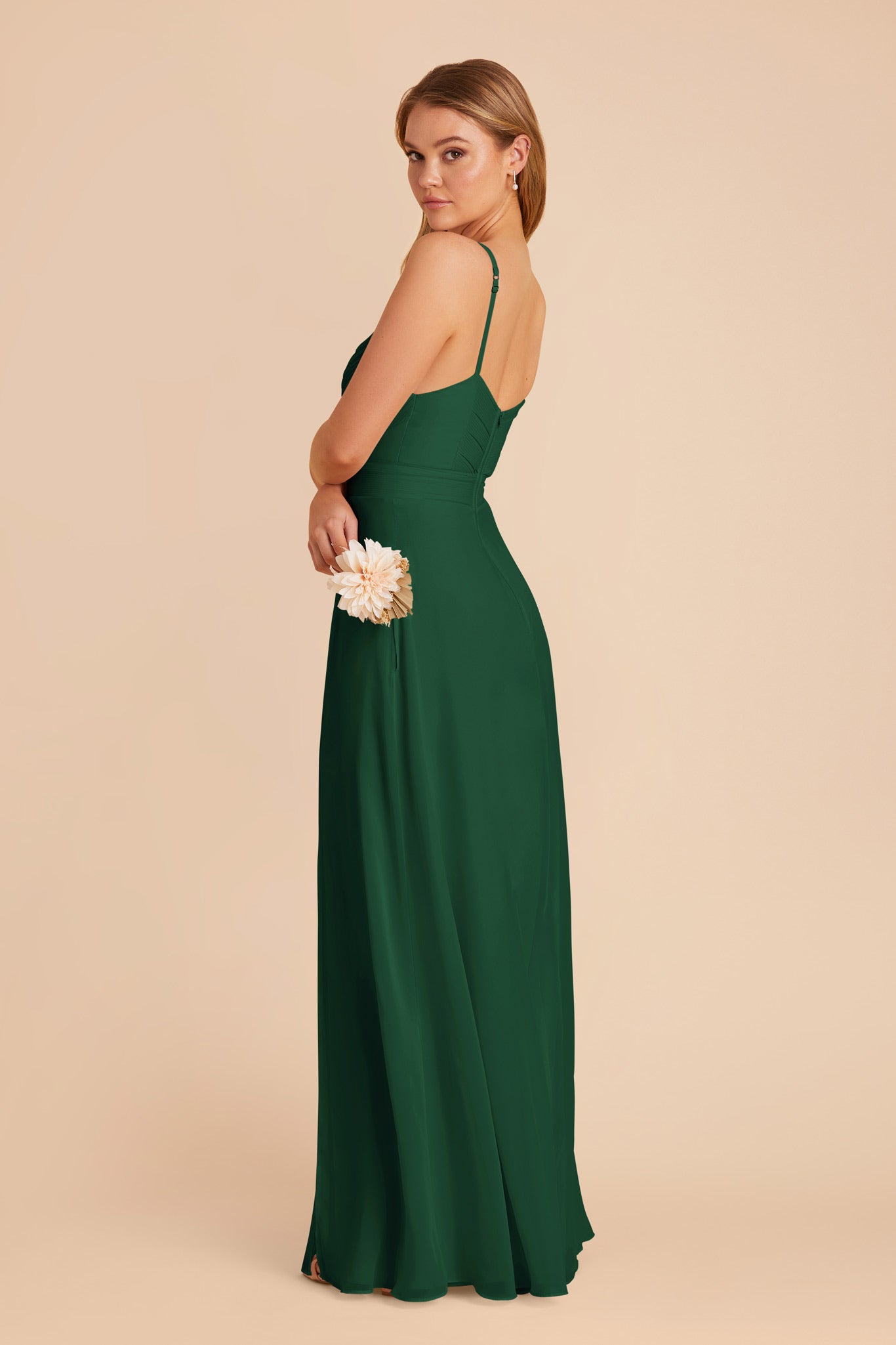 Chiffon A-Line Dress with V-Neck & Slit | Deborah in Forest Green