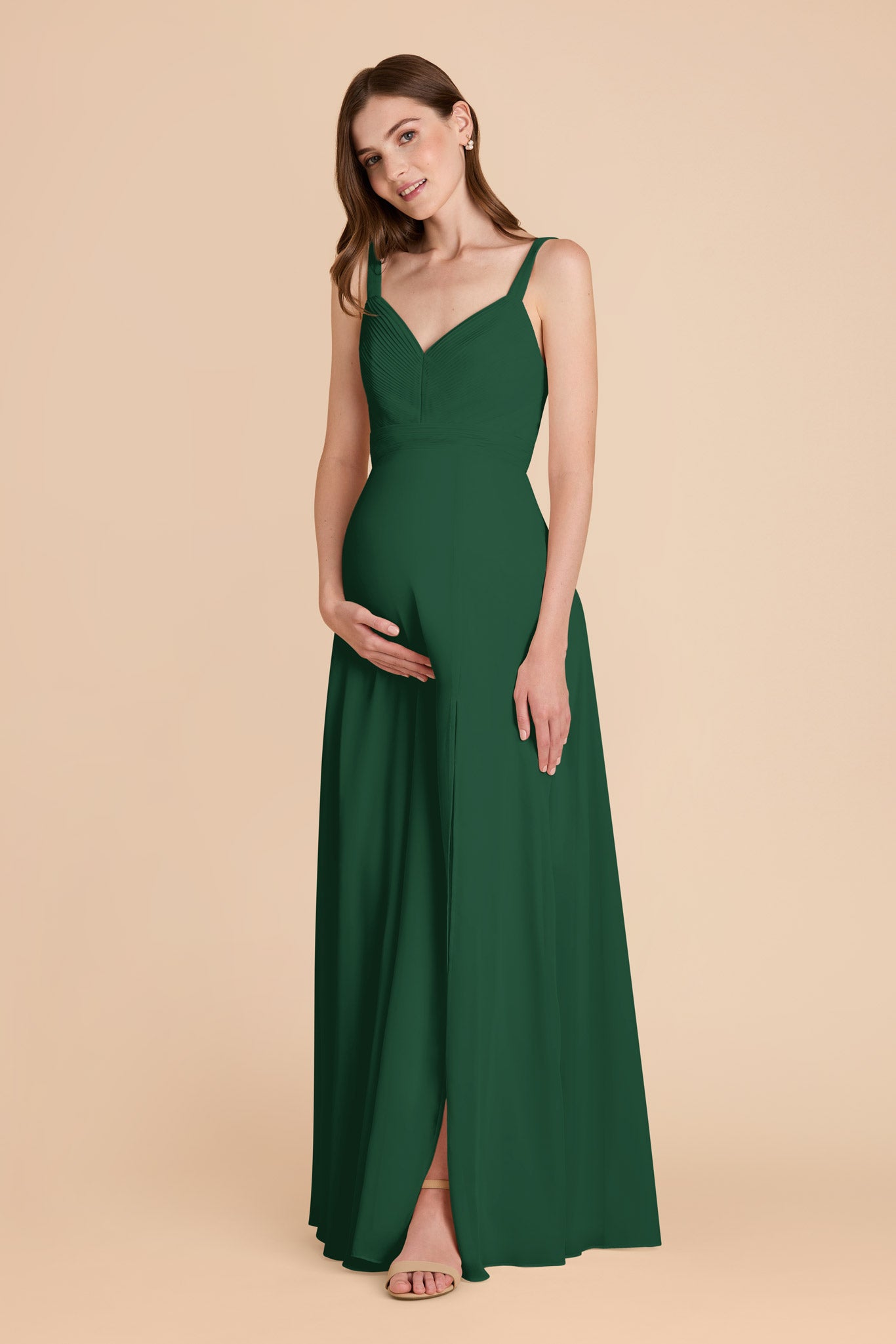 Chiffon A-Line Dress with V-Neck & Slit | Deborah in Forest Green