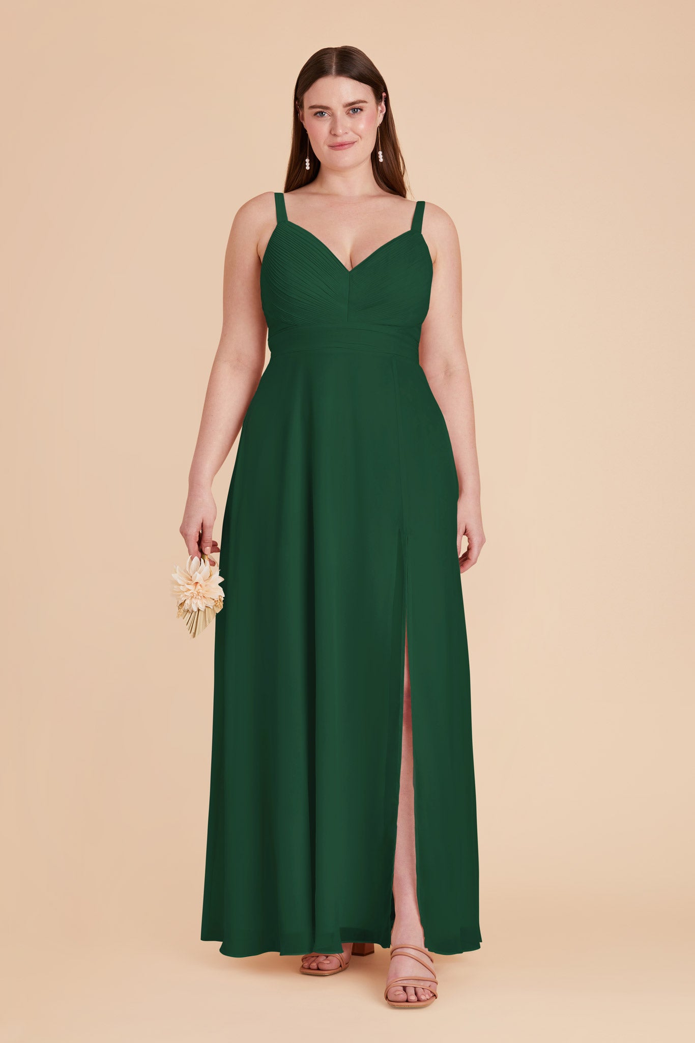 Chiffon A-Line Dress with V-Neck & Slit | Deborah in Forest Green