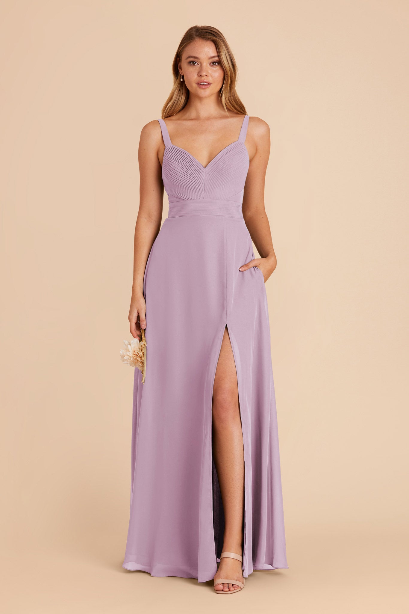 Lavender Chiffon Dress with V-Neck & A-Line Skirt | Deborah