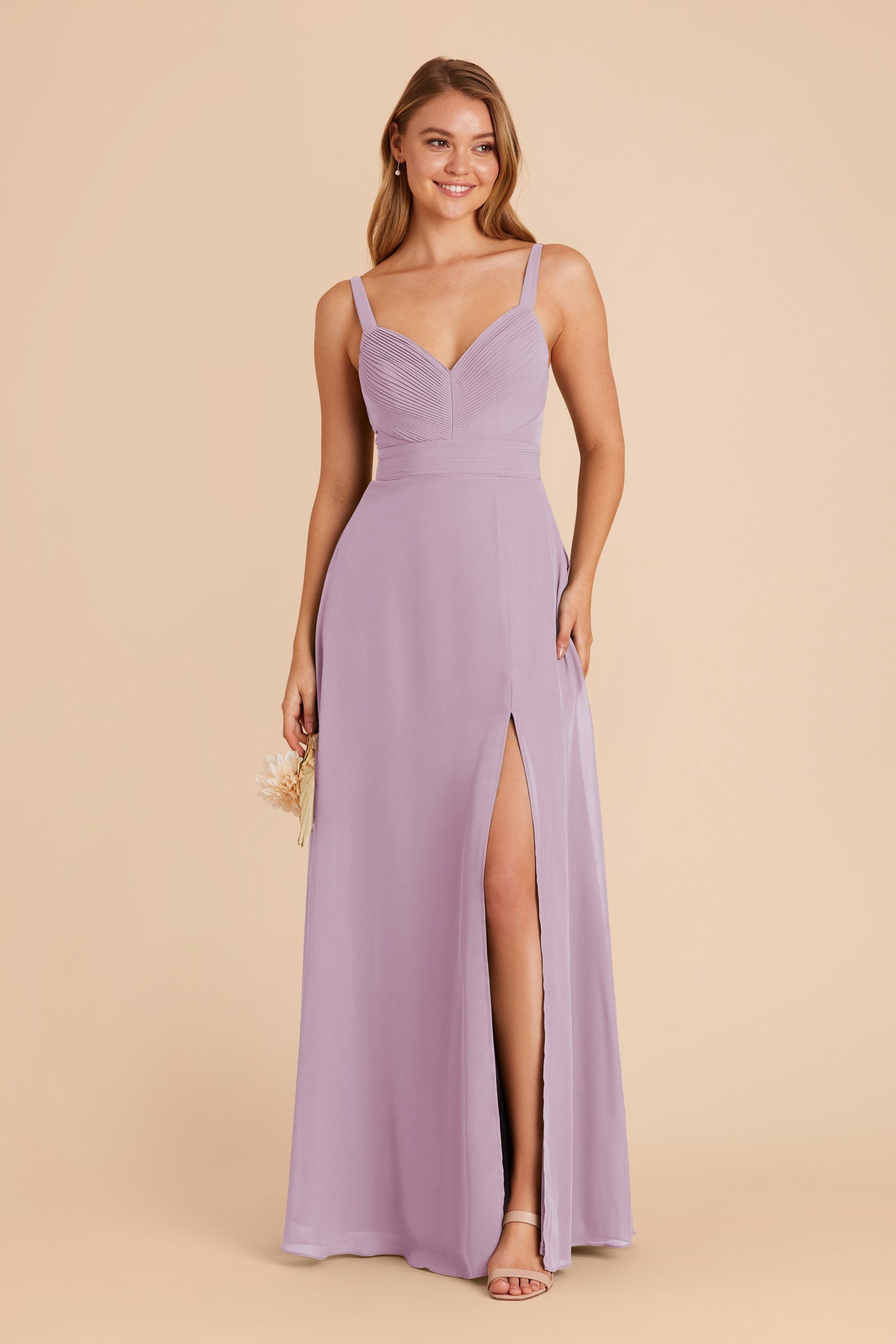 Lavender Chiffon Dress with V-Neck & A-Line Skirt | Deborah