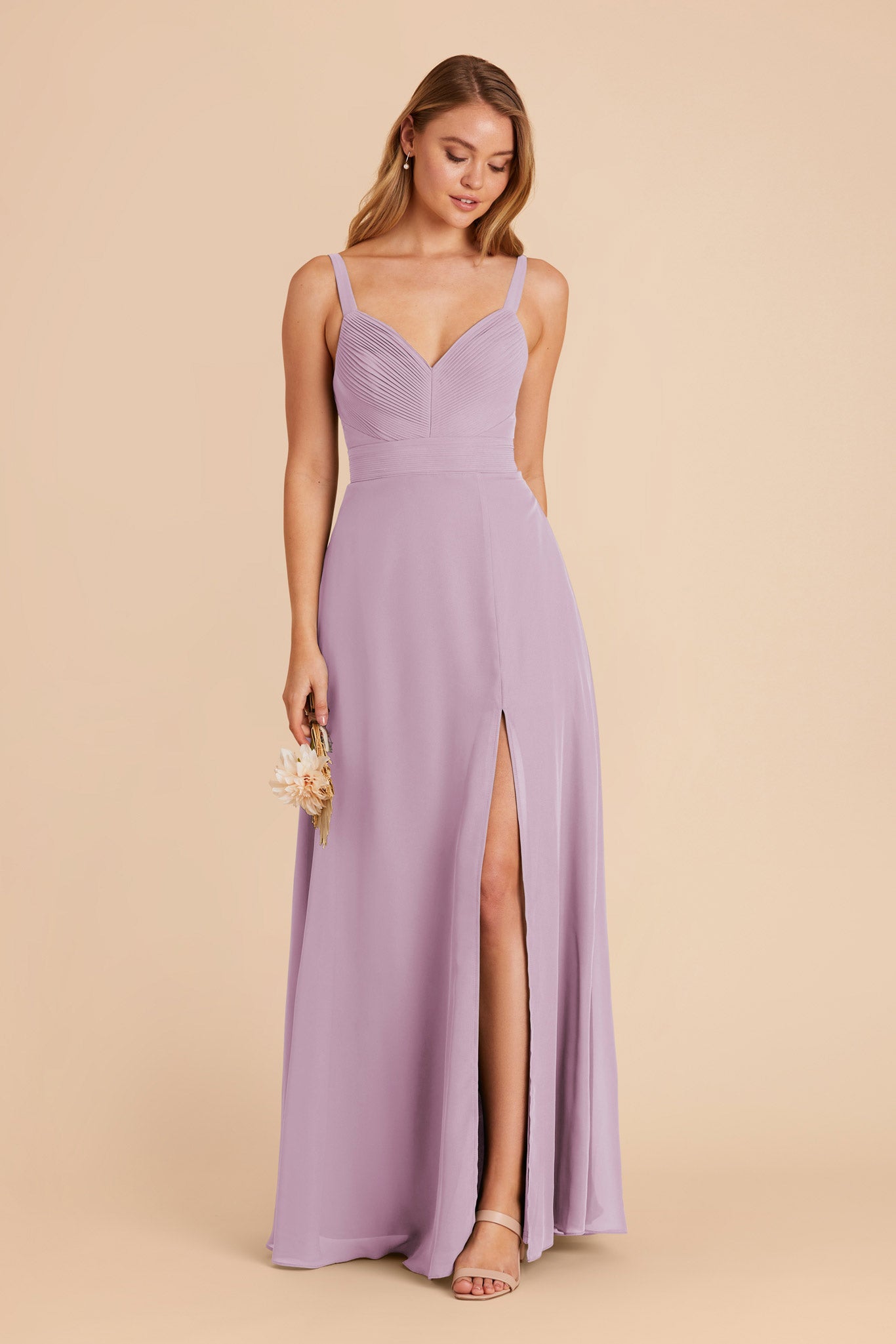 Lavender Chiffon Dress with V-Neck & A-Line Skirt | Deborah