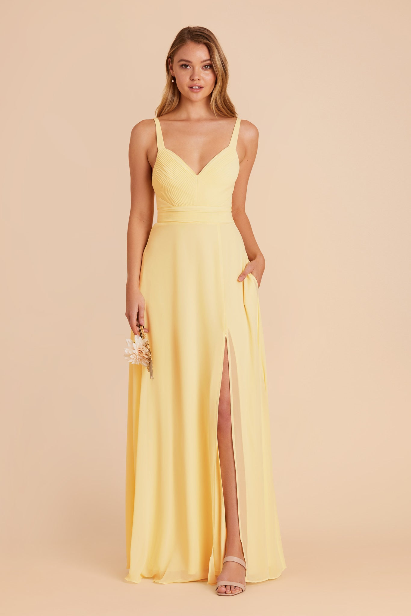 Chiffon A-Line Dress with V-Neck & Slit | Deborah Lemon Sorbet