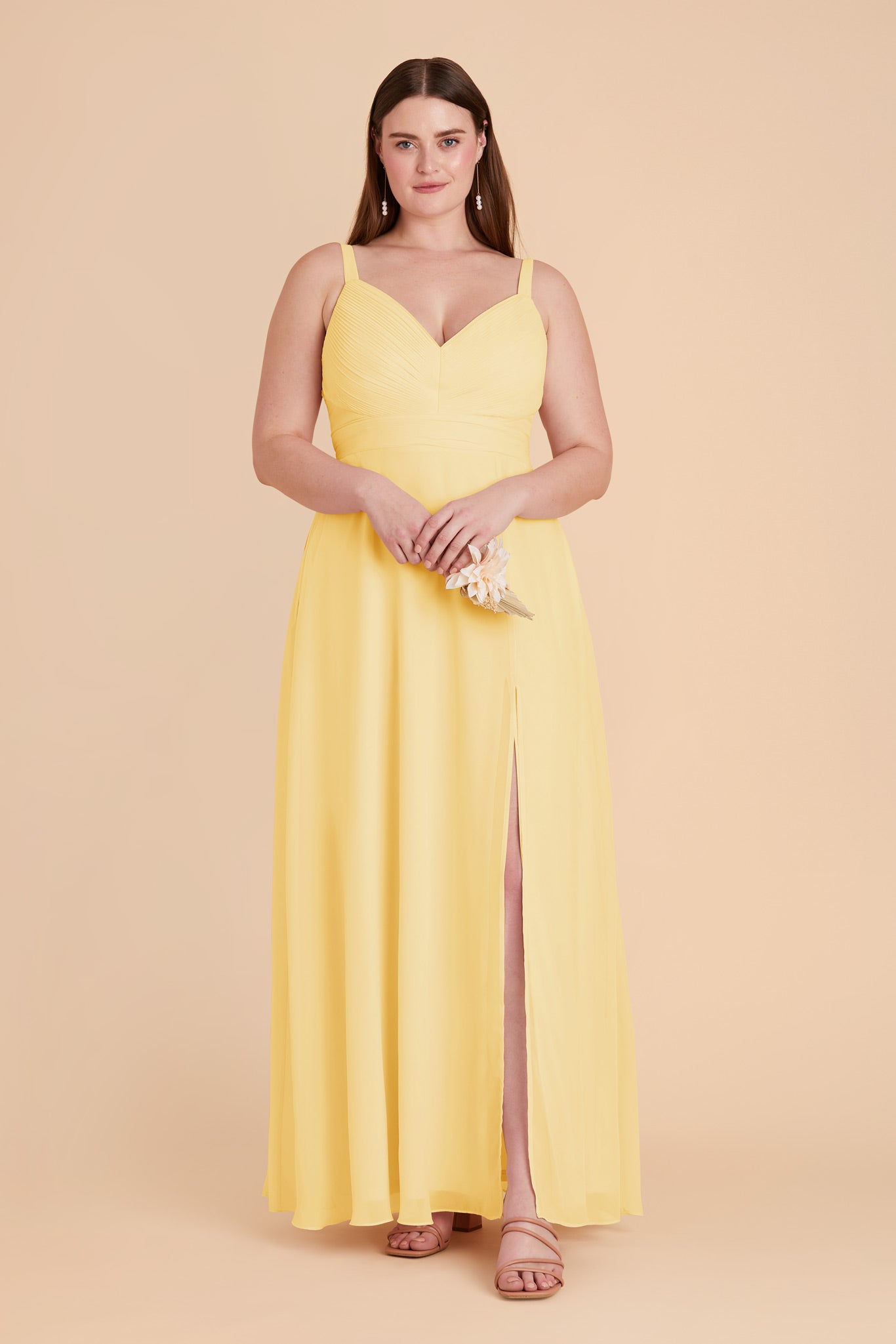 Chiffon A-Line Dress with V-Neck & Slit | Deborah Lemon Sorbet