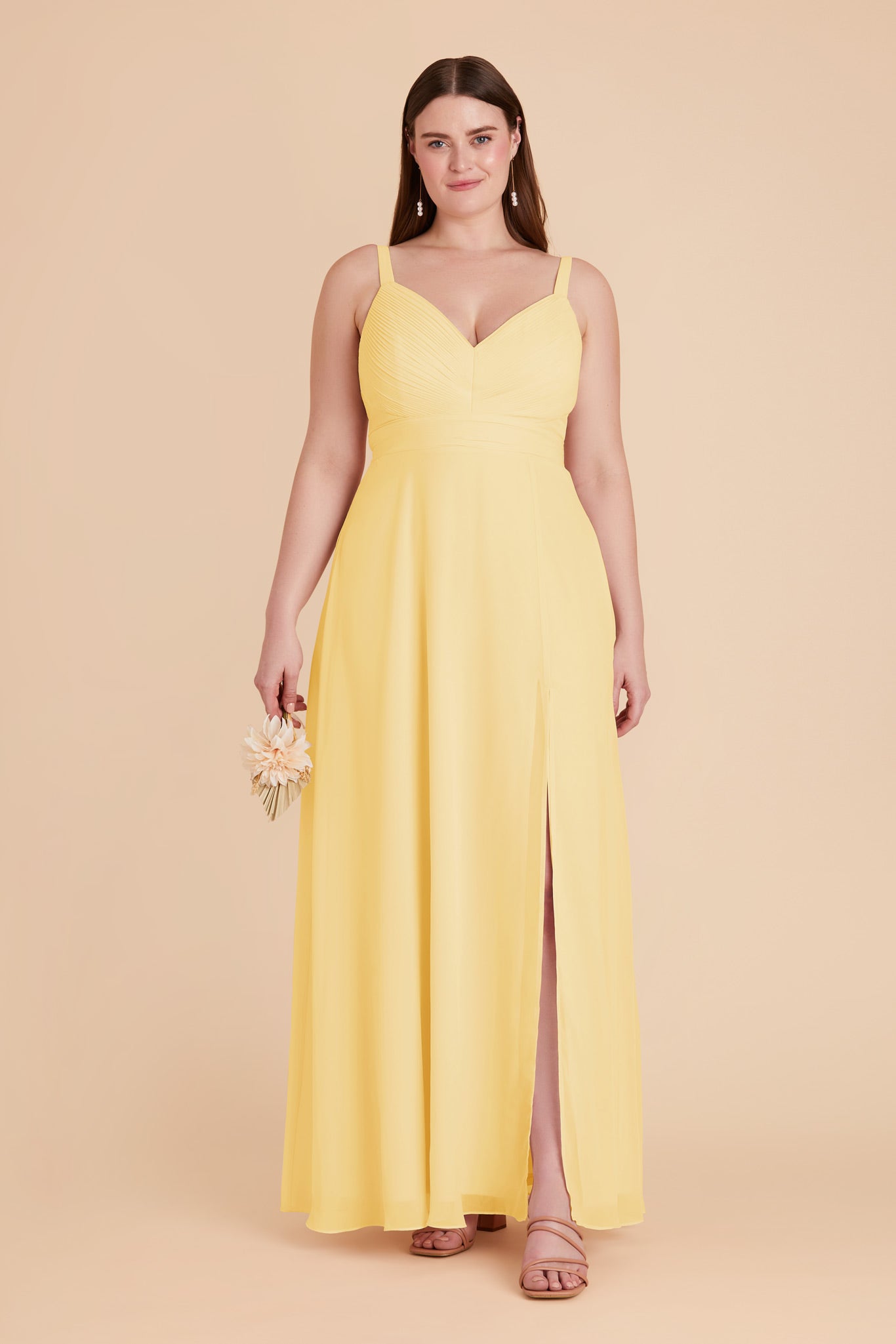 Chiffon A-Line Dress with V-Neck & Slit | Deborah Lemon Sorbet