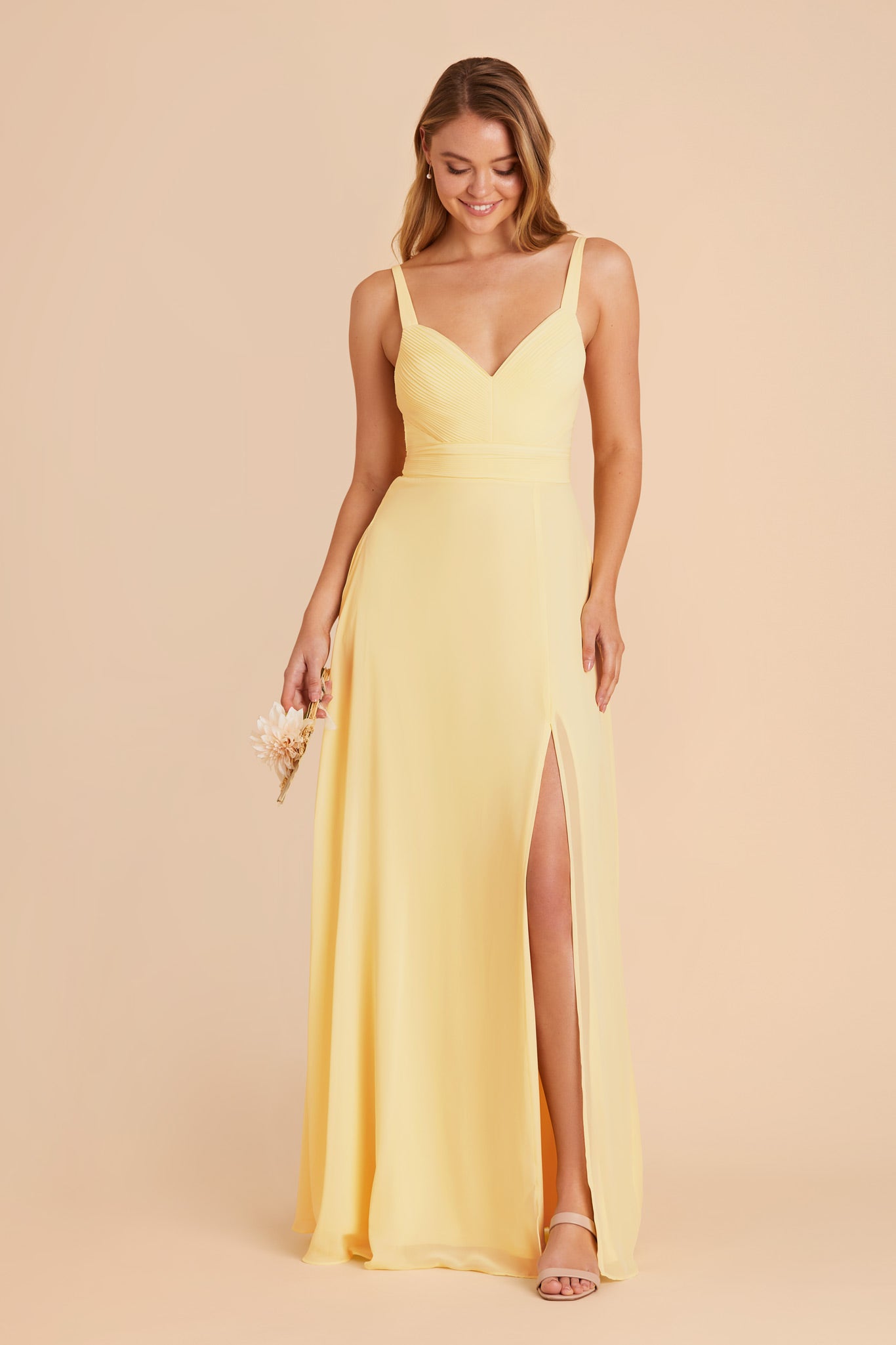 Chiffon A-Line Dress with V-Neck & Slit | Deborah Lemon Sorbet