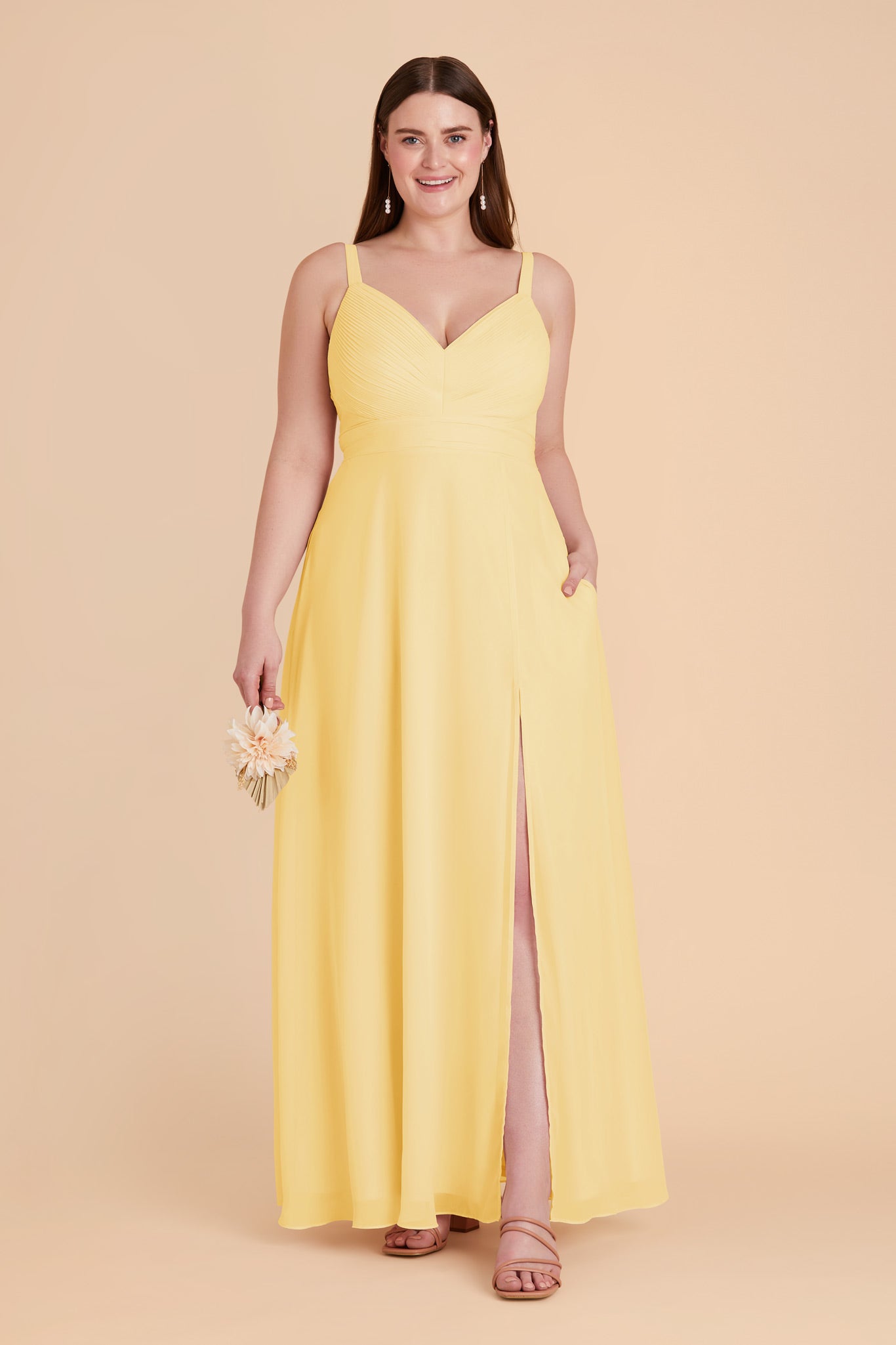 Chiffon A-Line Dress with V-Neck & Slit | Deborah Lemon Sorbet