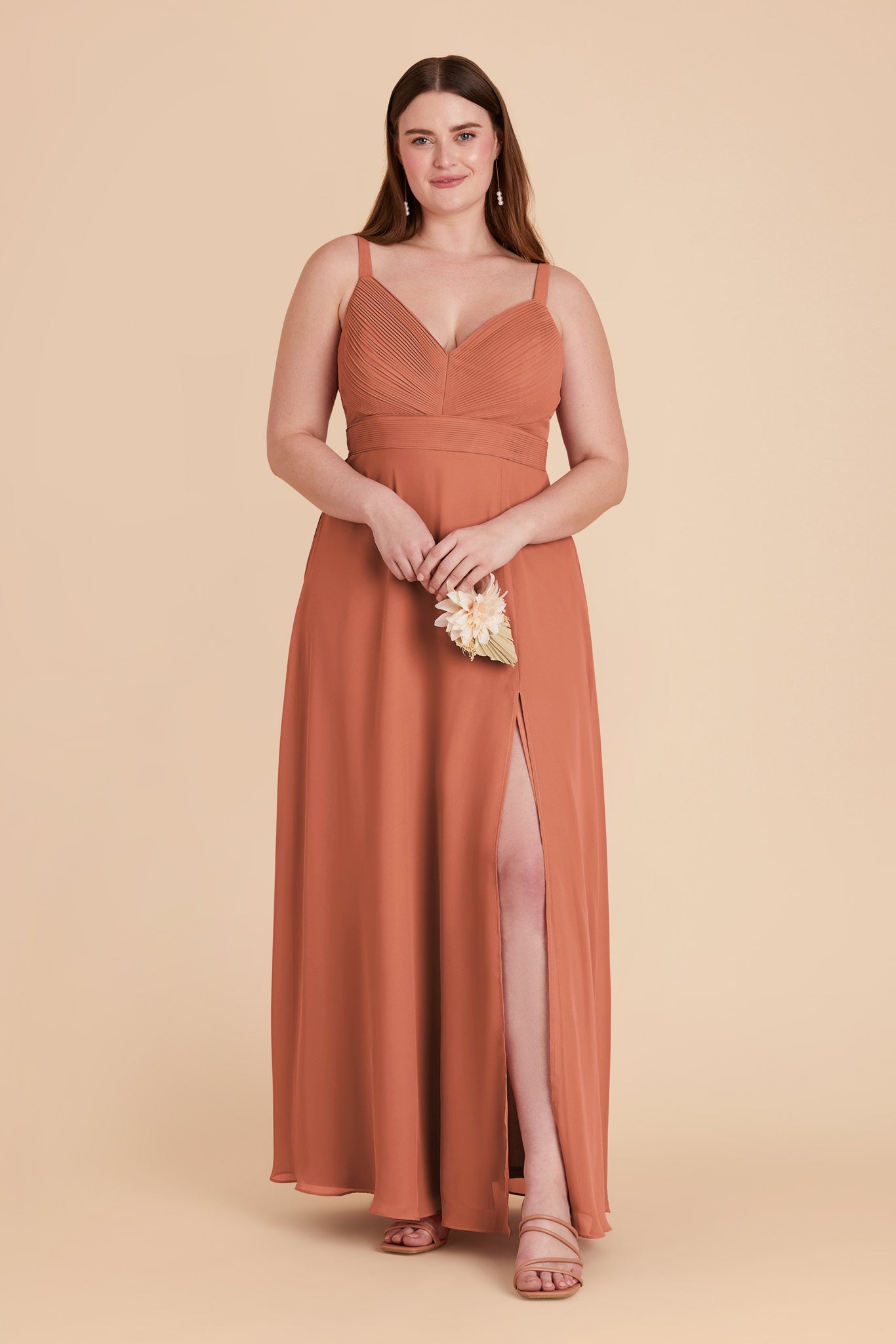Chiffon A-Line Dress with V-Neck & Slit | Deborah Terracotta