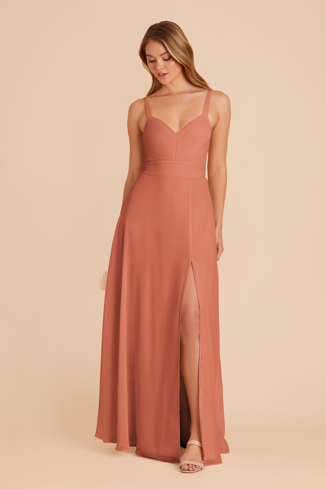 Chiffon A-Line Dress with V-Neck & Slit | Deborah Terracotta