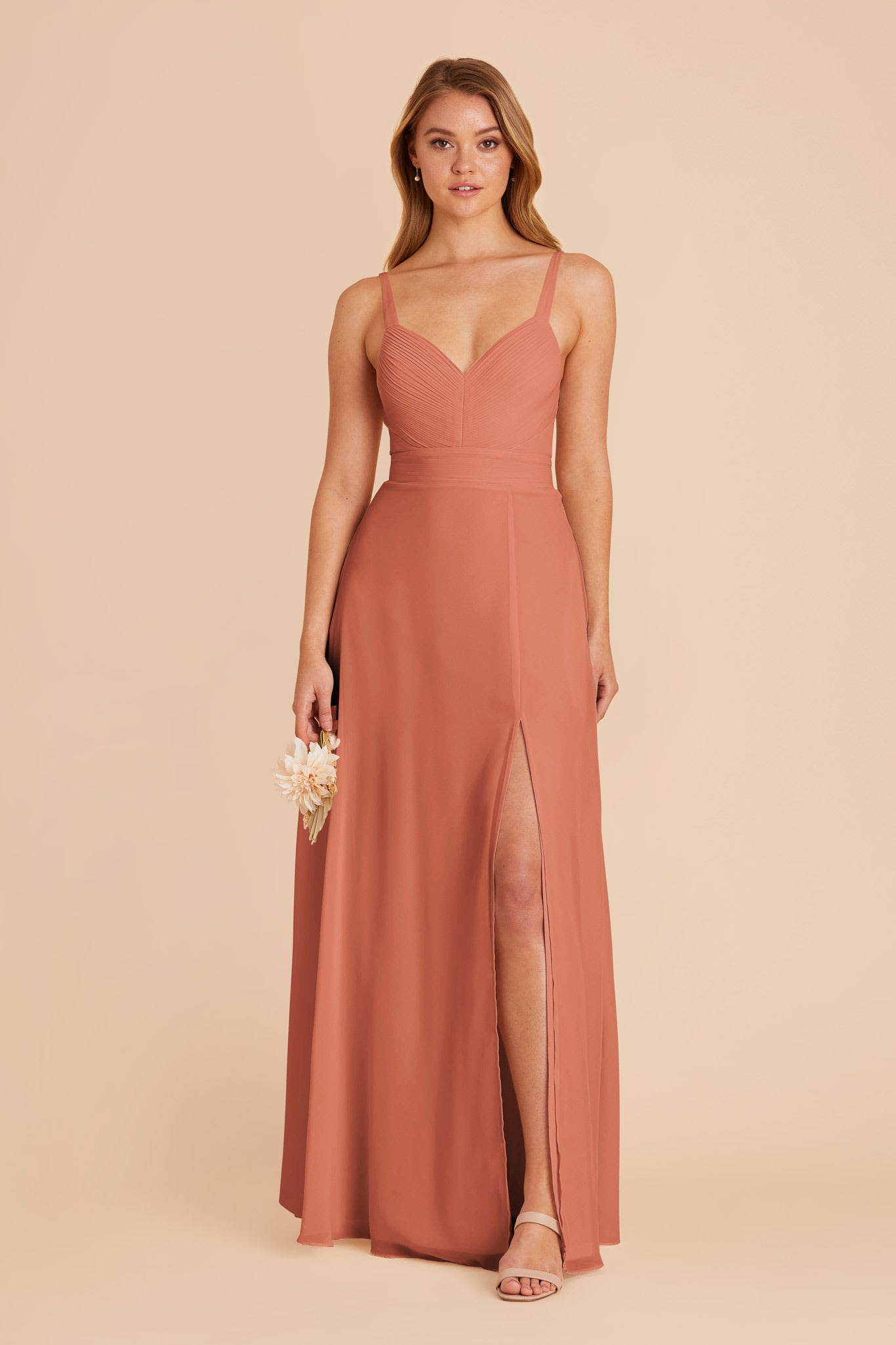 Chiffon A-Line Dress with V-Neck & Slit | Deborah Terracotta
