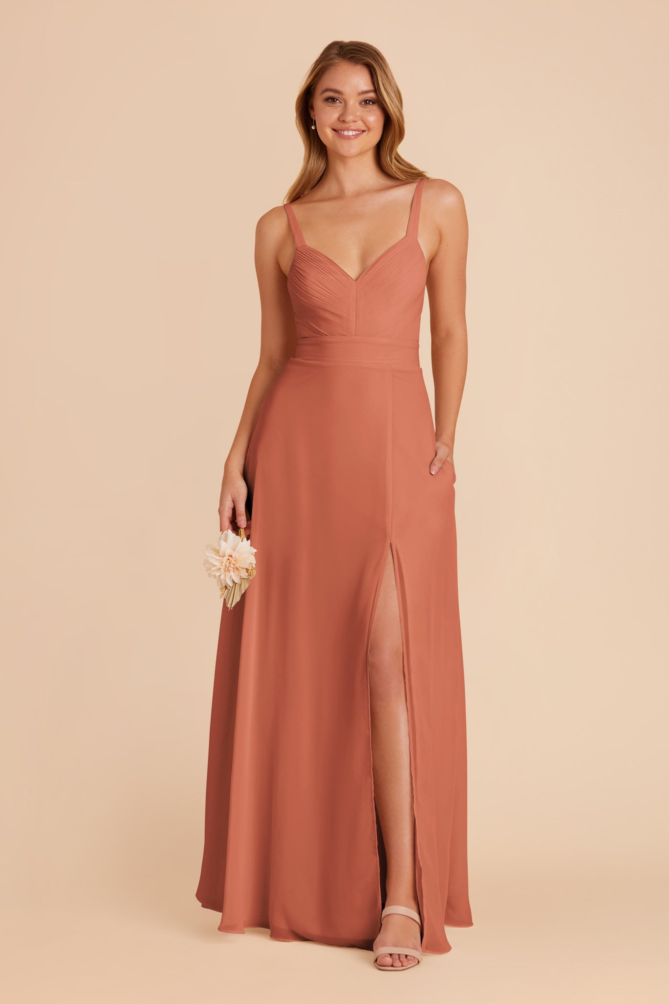 Chiffon A-Line Dress with V-Neck & Slit | Deborah Terracotta