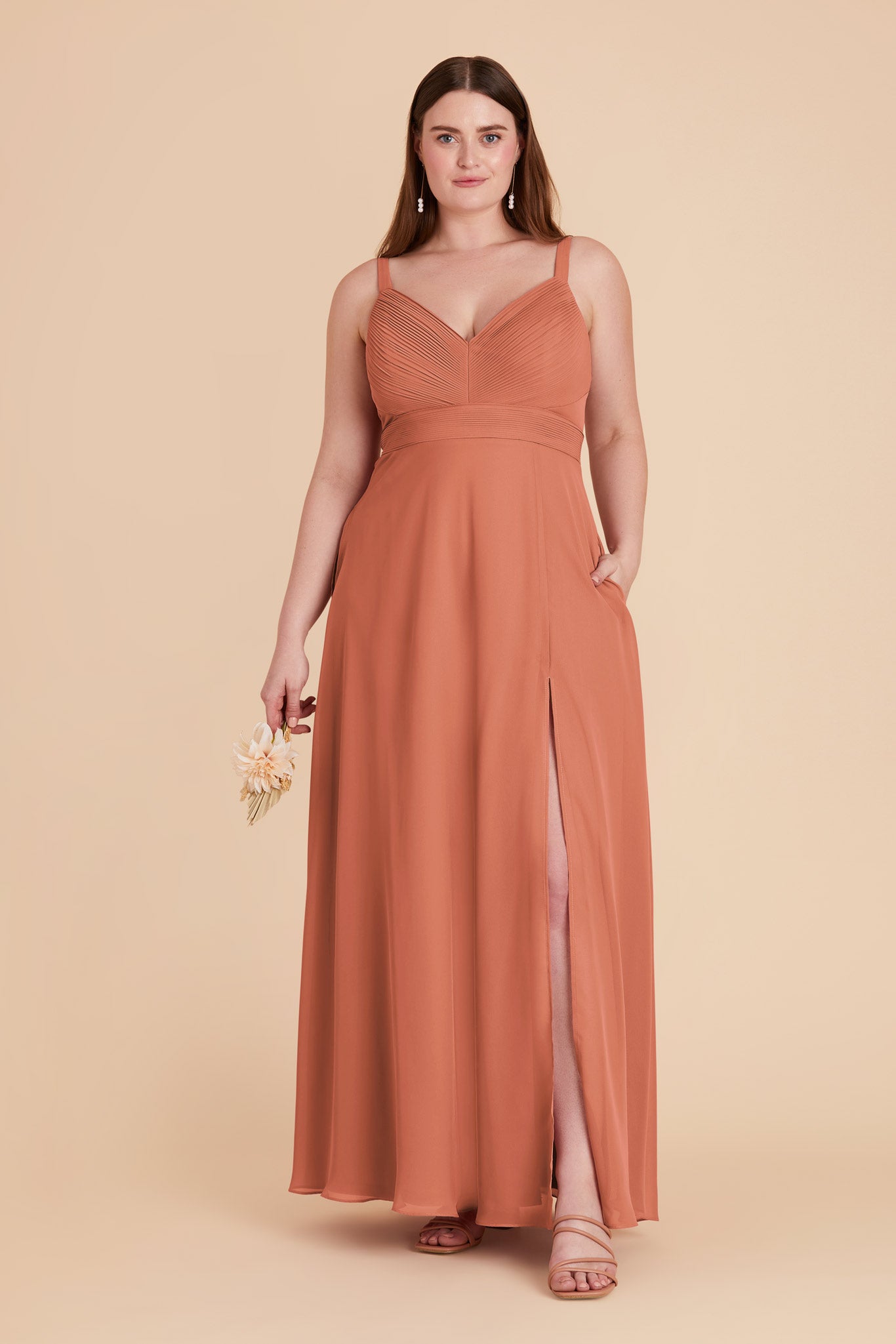 Chiffon A-Line Dress with V-Neck & Slit | Deborah Terracotta