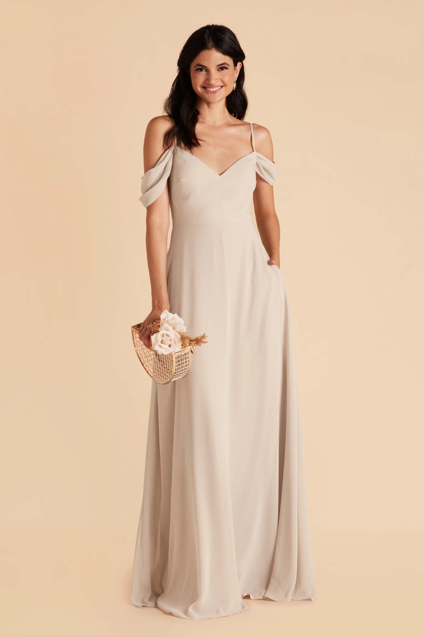 Convertible Bridesmaid Dress with Detachable Sleeves | Devin Neutral Champagne