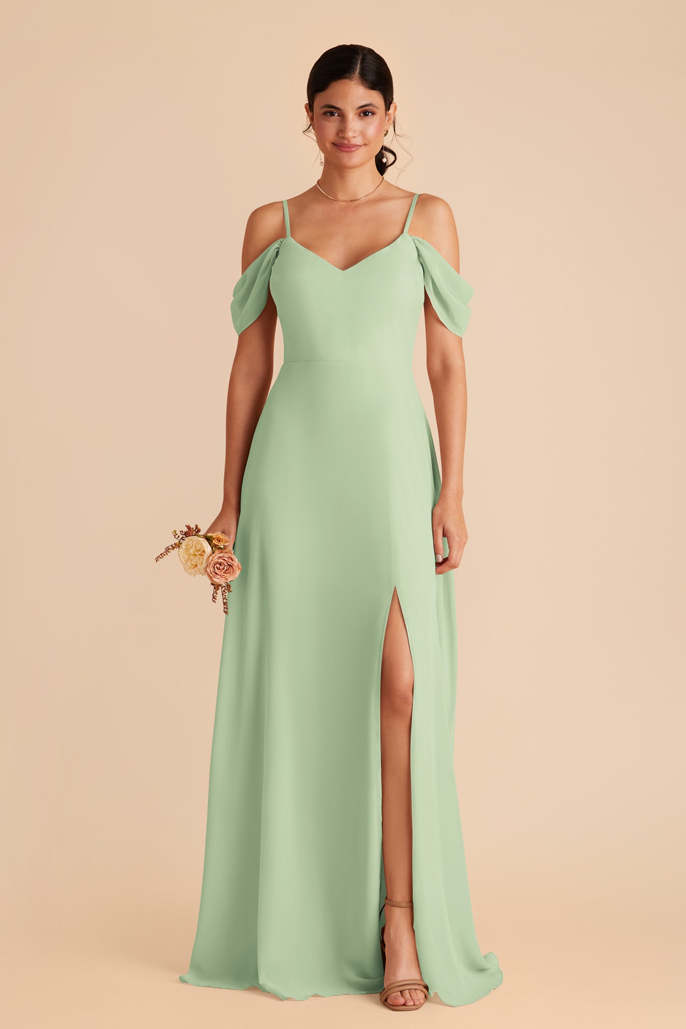Convertible Bridesmaid Dress with Detachable Sleeves | Devin Pistachio