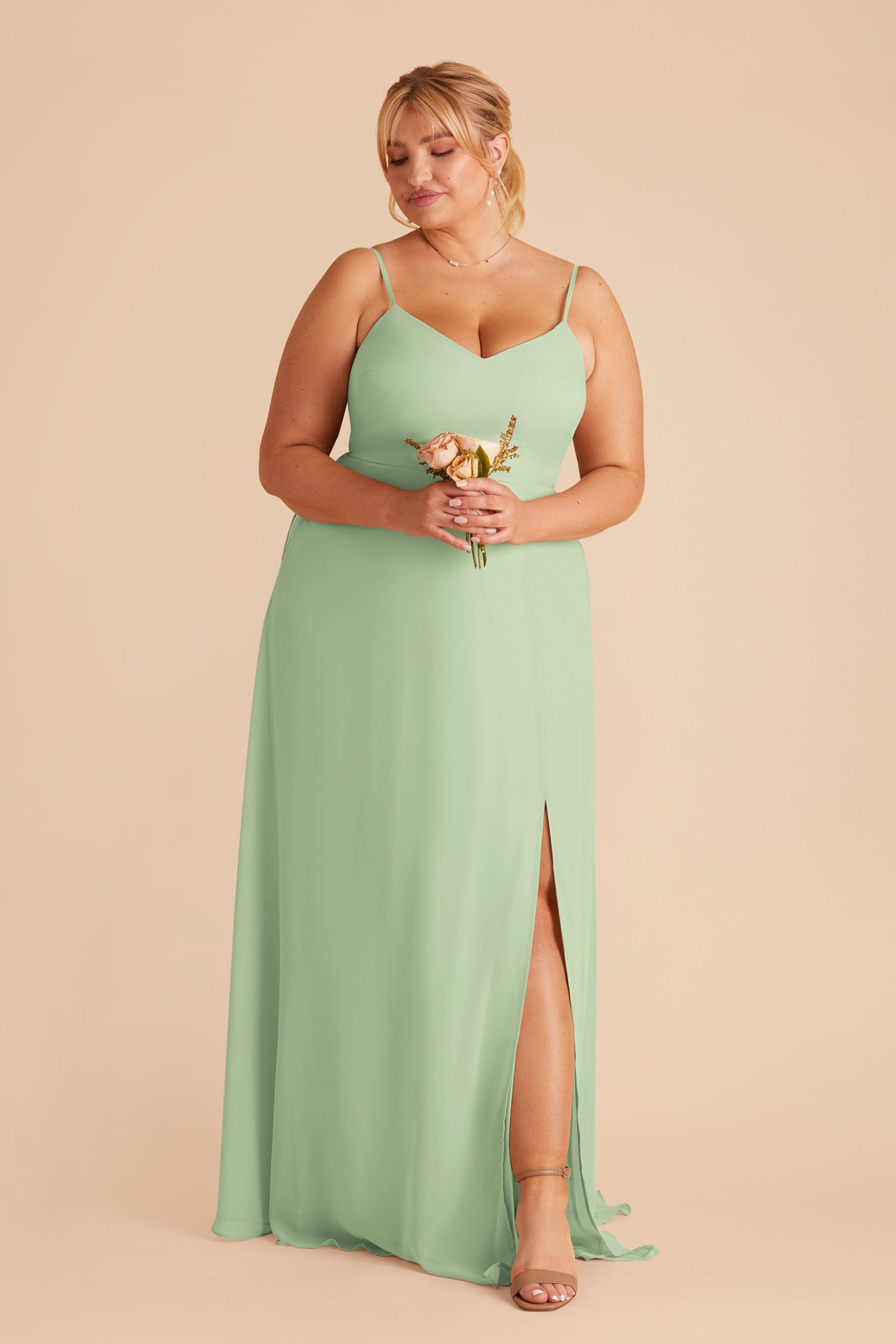 Convertible Bridesmaid Dress with Detachable Sleeves | Devin Pistachio