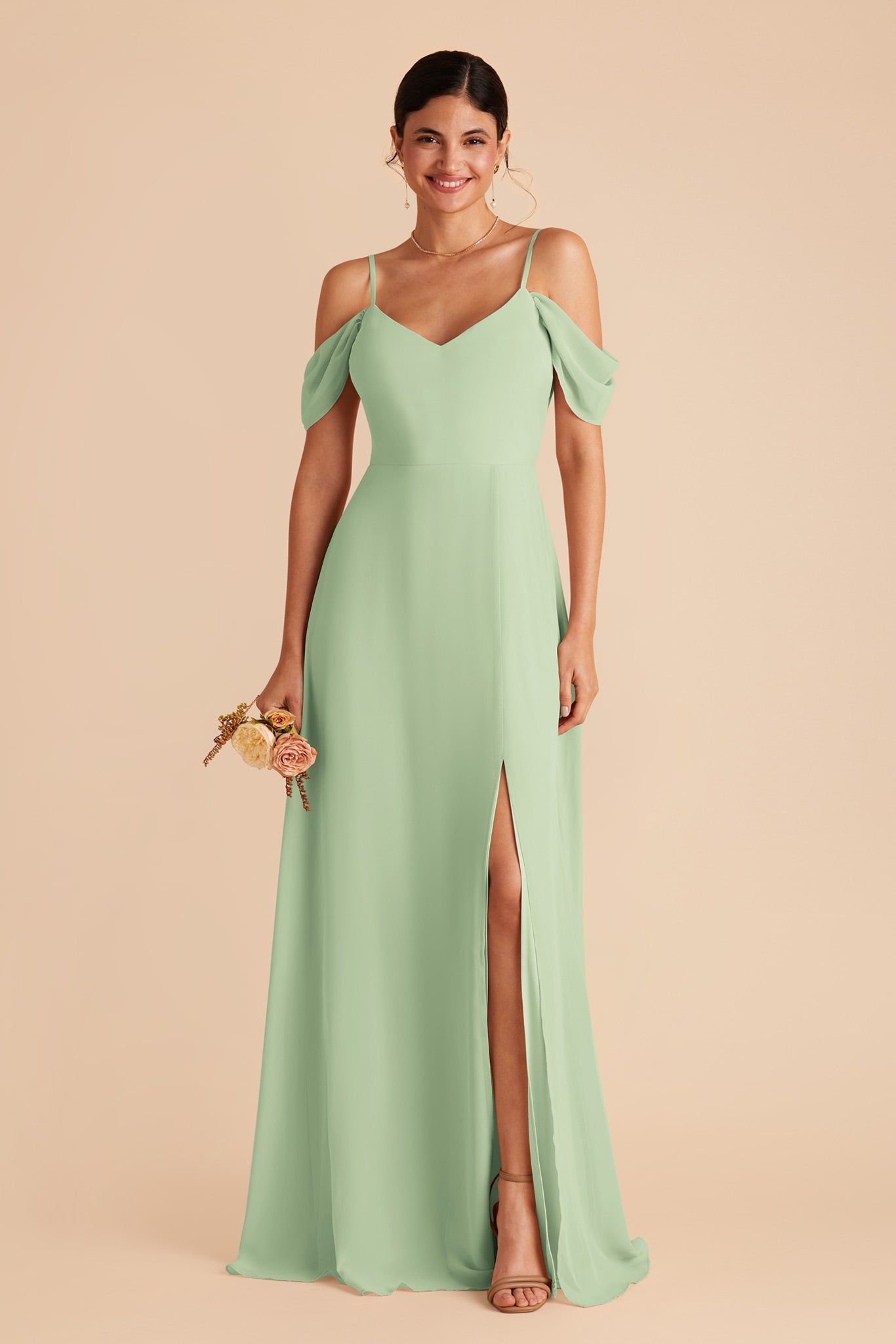 Convertible Bridesmaid Dress with Detachable Sleeves | Devin Pistachio
