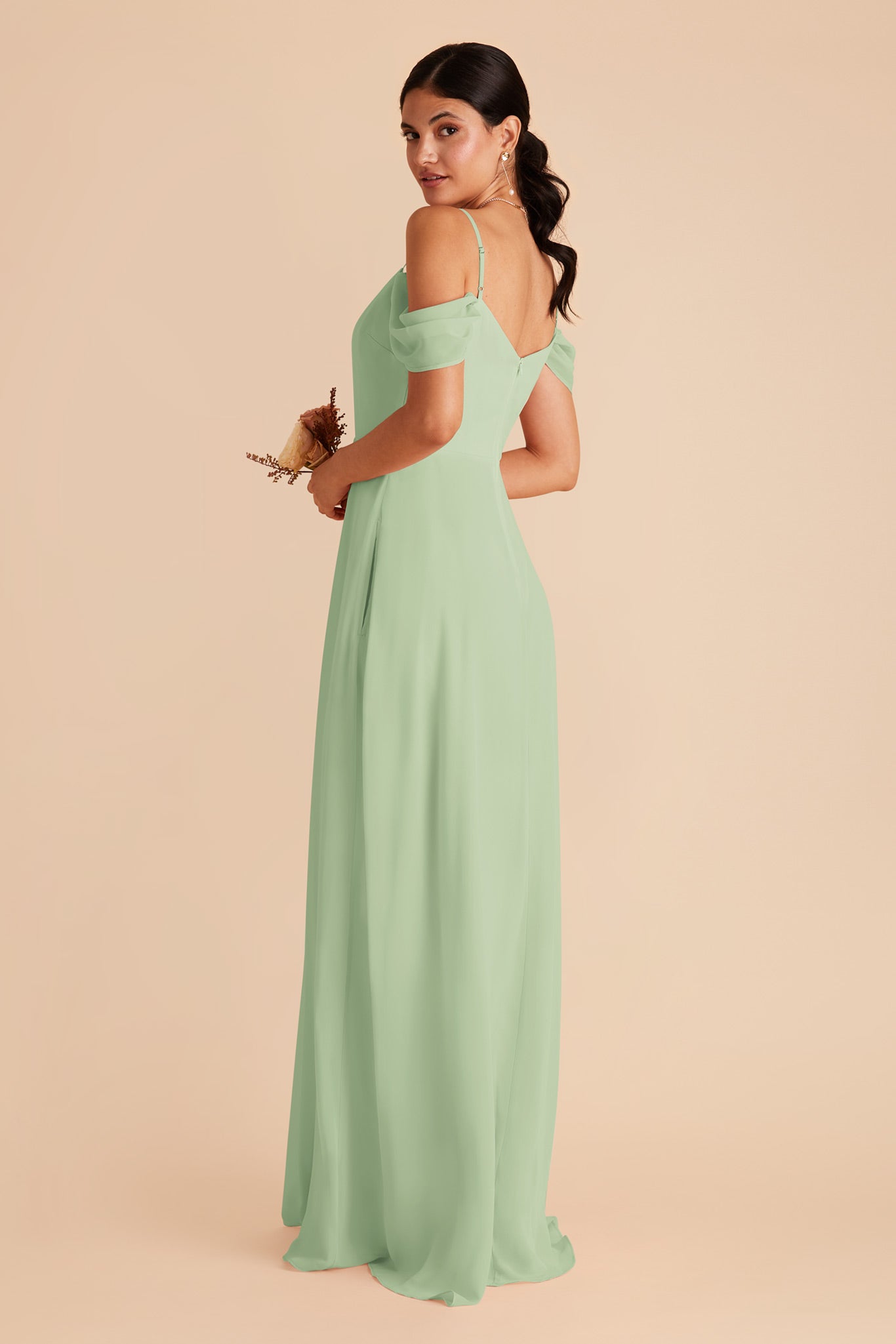 Convertible Bridesmaid Dress with Detachable Sleeves | Devin Pistachio