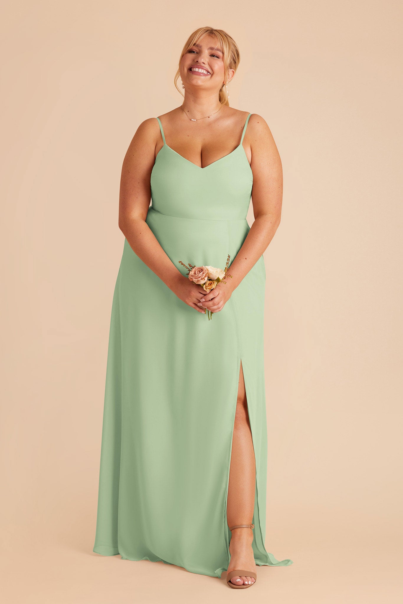 Convertible Bridesmaid Dress with Detachable Sleeves | Devin Pistachio