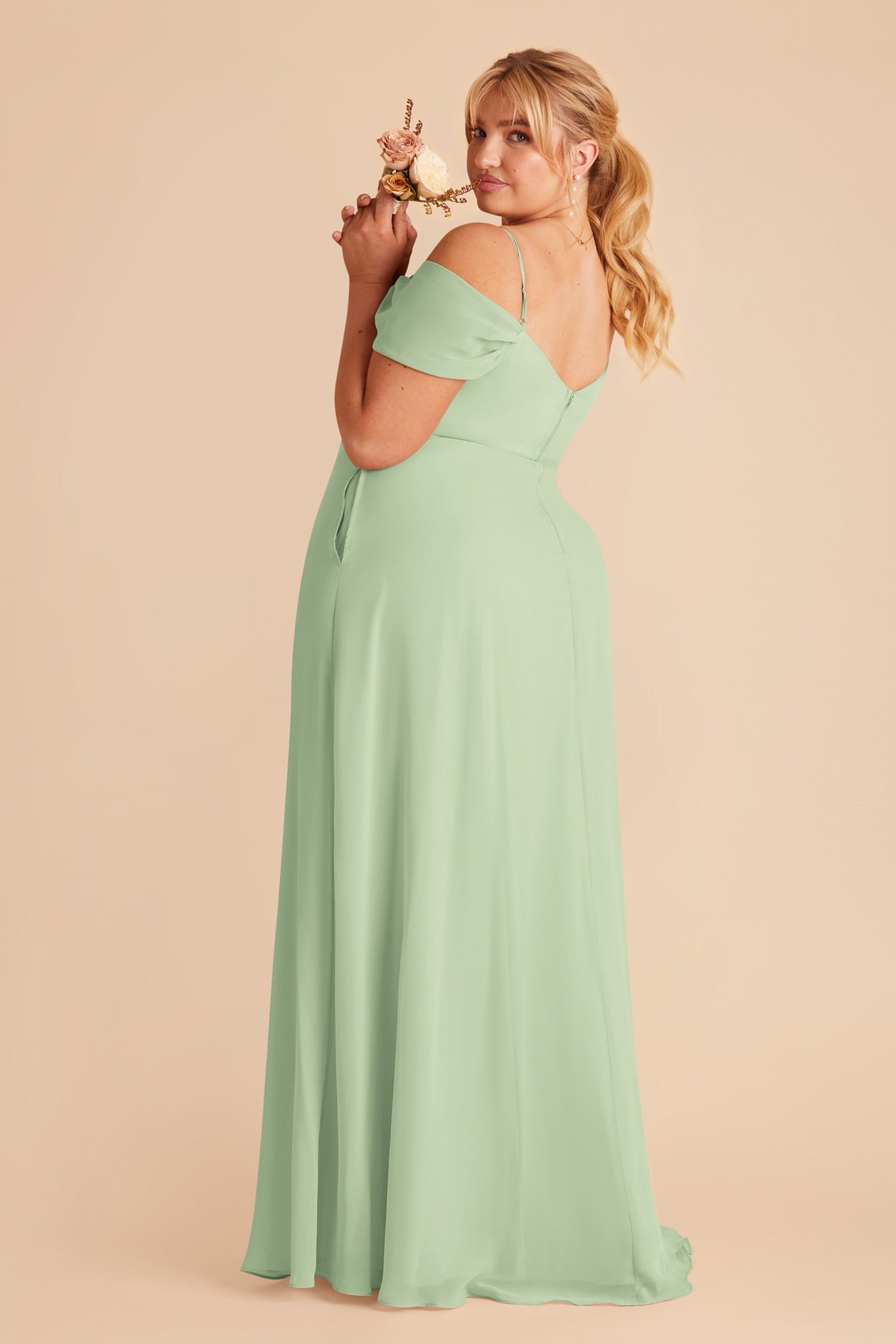 Convertible Bridesmaid Dress with Detachable Sleeves | Devin Pistachio