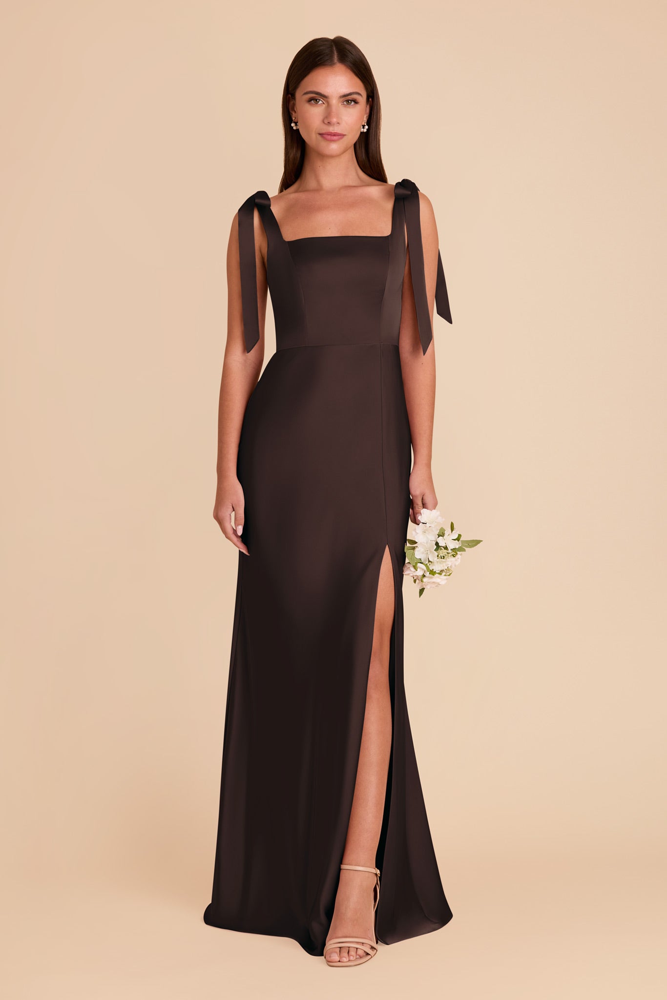 Convertible Satin Dress with Bows | Alex - Espresso