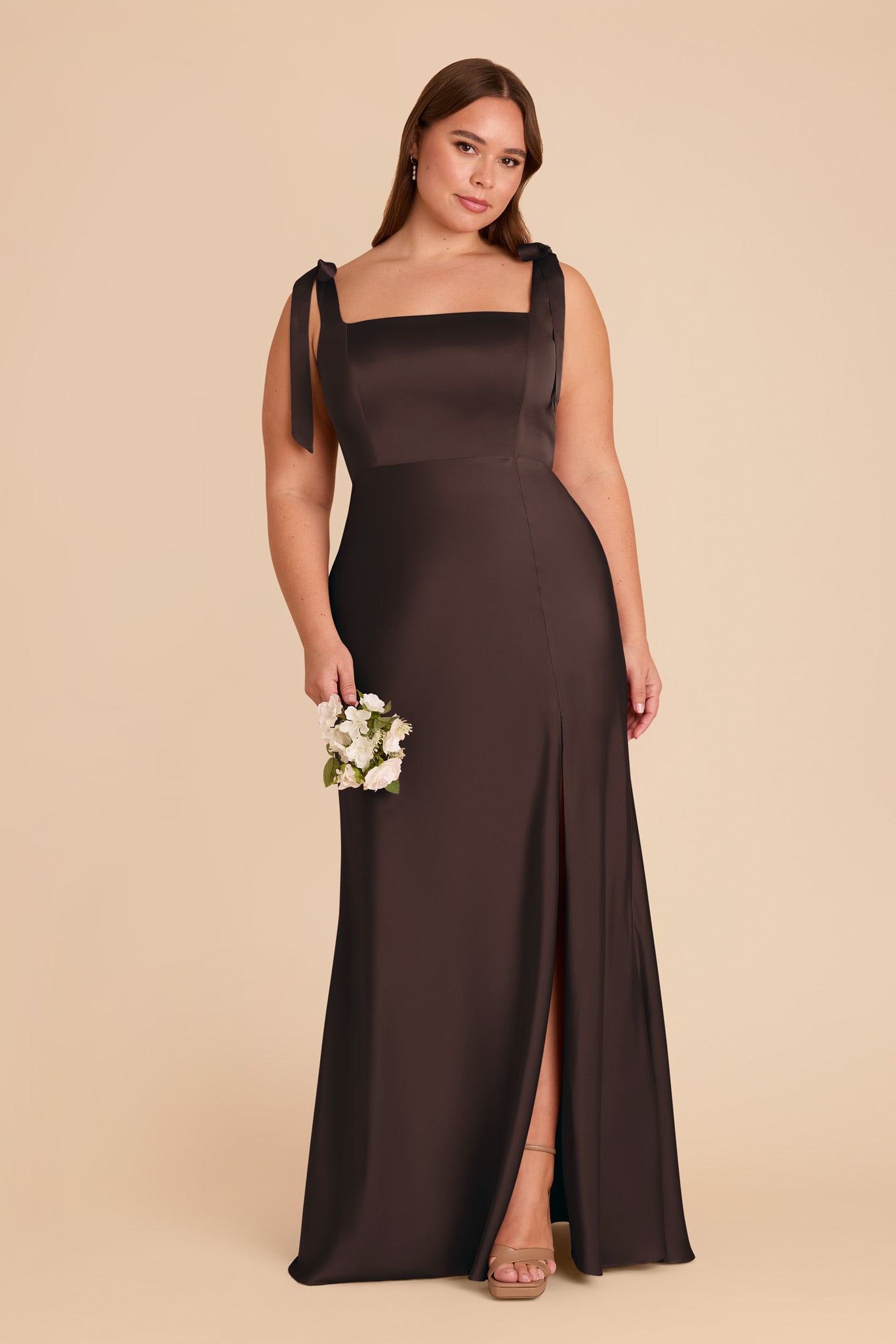 Convertible Satin Dress with Bows | Alex - Espresso