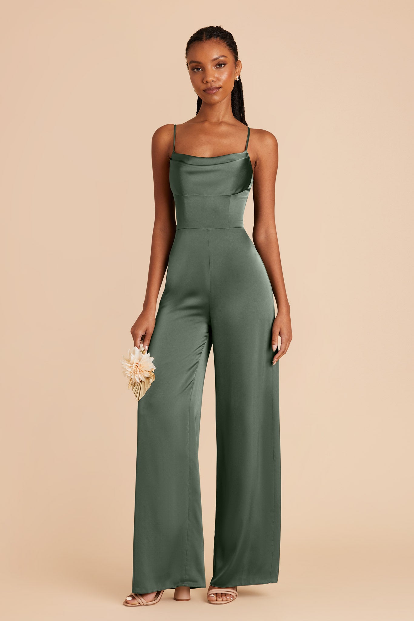 Matte Satin Bridesmaid Jumpsuit for Weddings | Eucalyptus
