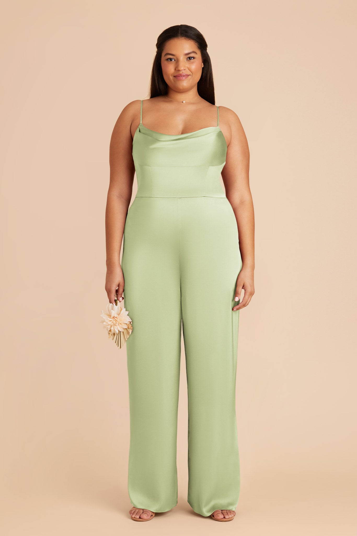 Matte Satin Bridesmaid Jumpsuit for Weddings | Pale Pistachio