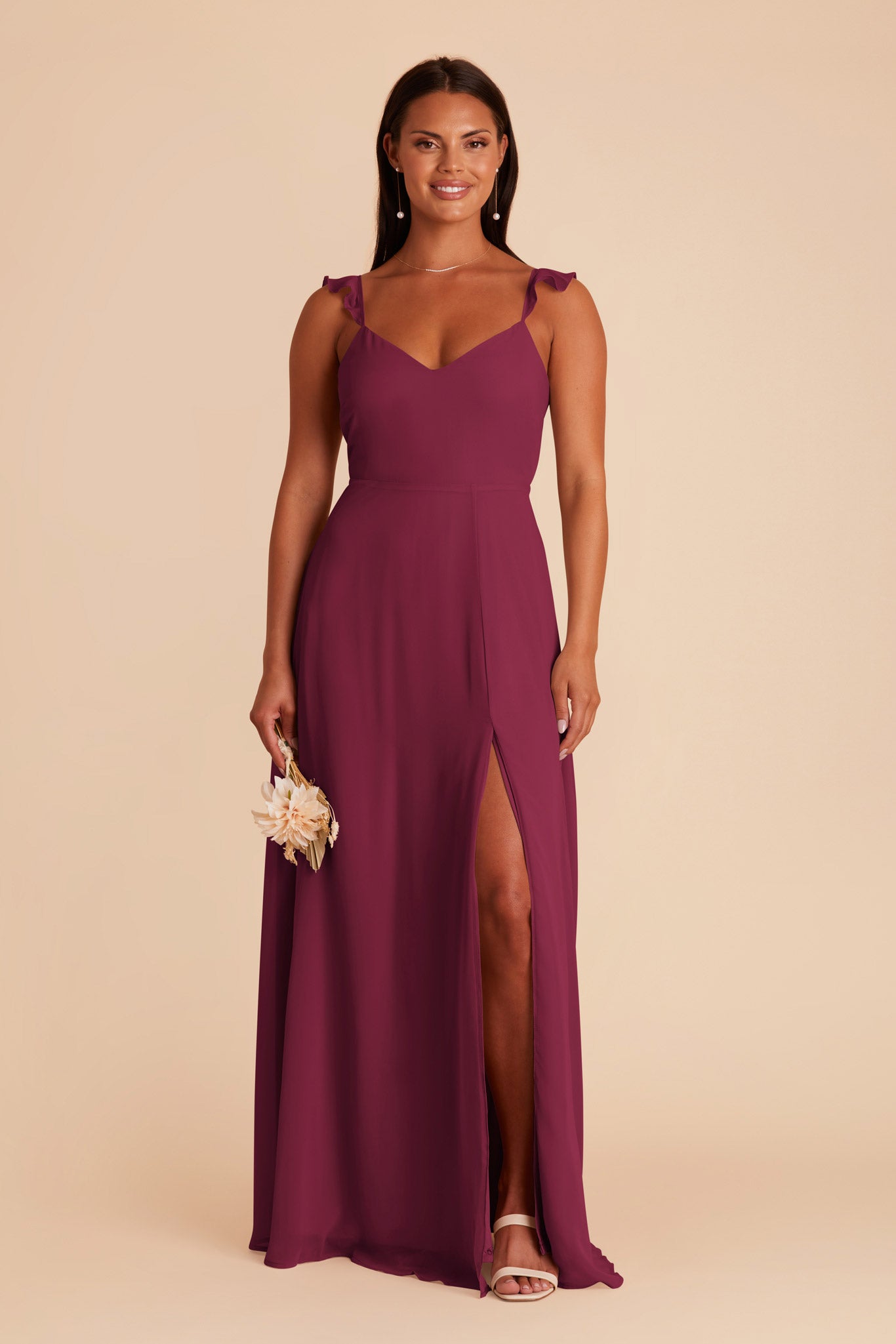 Chiffon Bridesmaid Dress with Flutter Sleeves & Back Bow | Doris