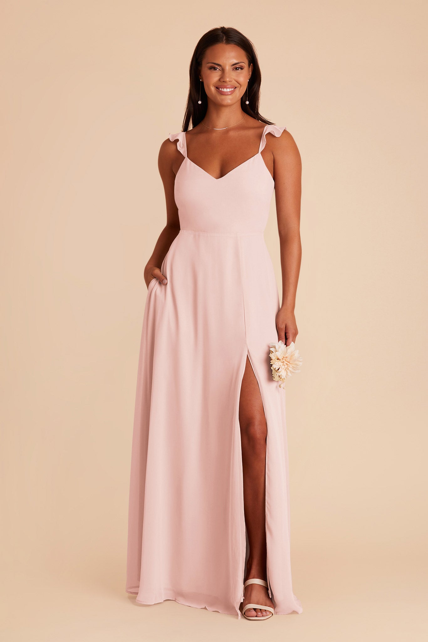 Chiffon Bridesmaid Dress with Flutter Sleeves & Back Bow | Doris