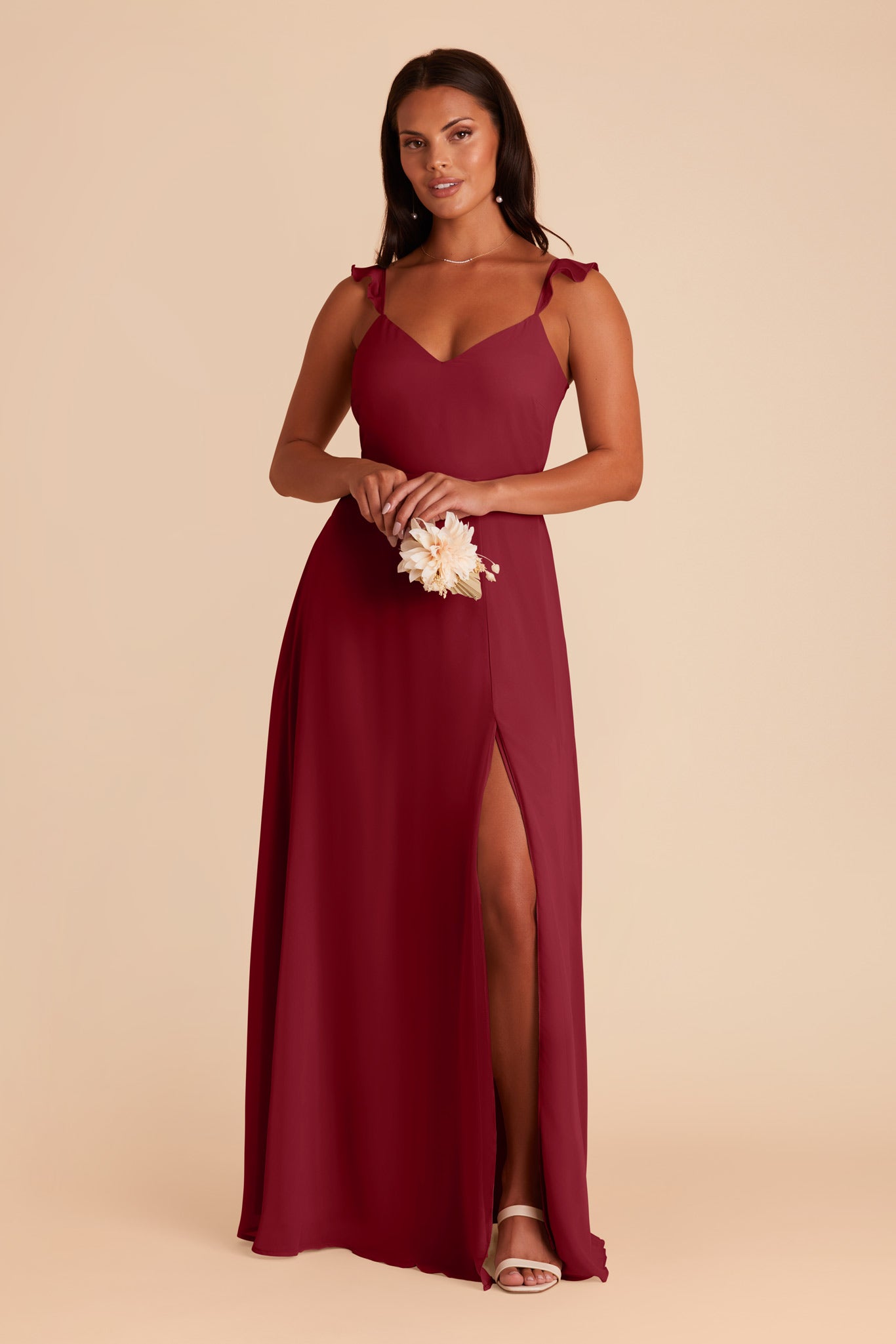 Burgundy Chiffon Bridesmaid Dress with Flutter Sleeves | Doris