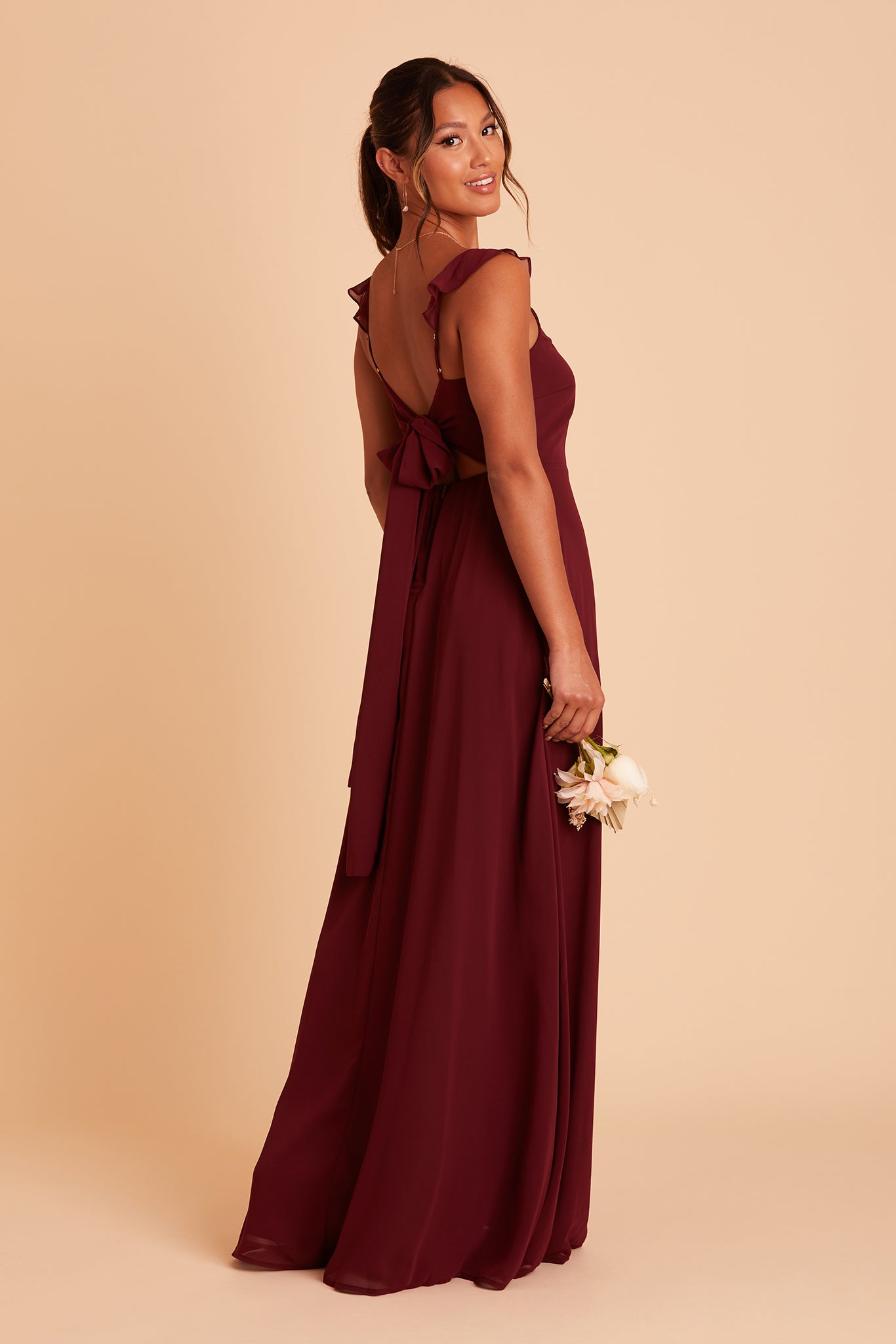 Chiffon Bridesmaid Dress with Flutter Sleeves & Back Bow | Doris