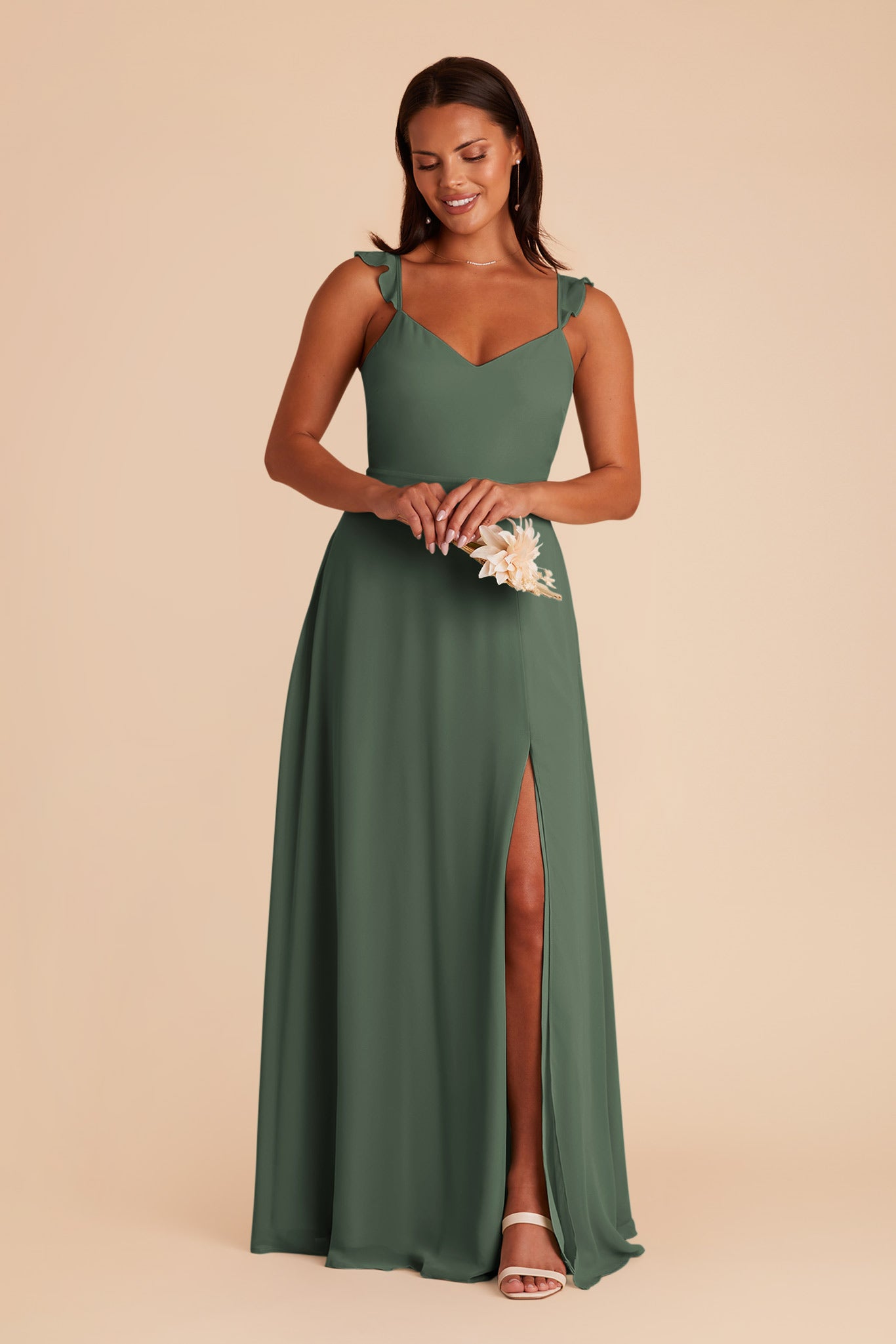 Chiffon Bridesmaid Dress with Flutter Sleeves & Back Bow | Doris
