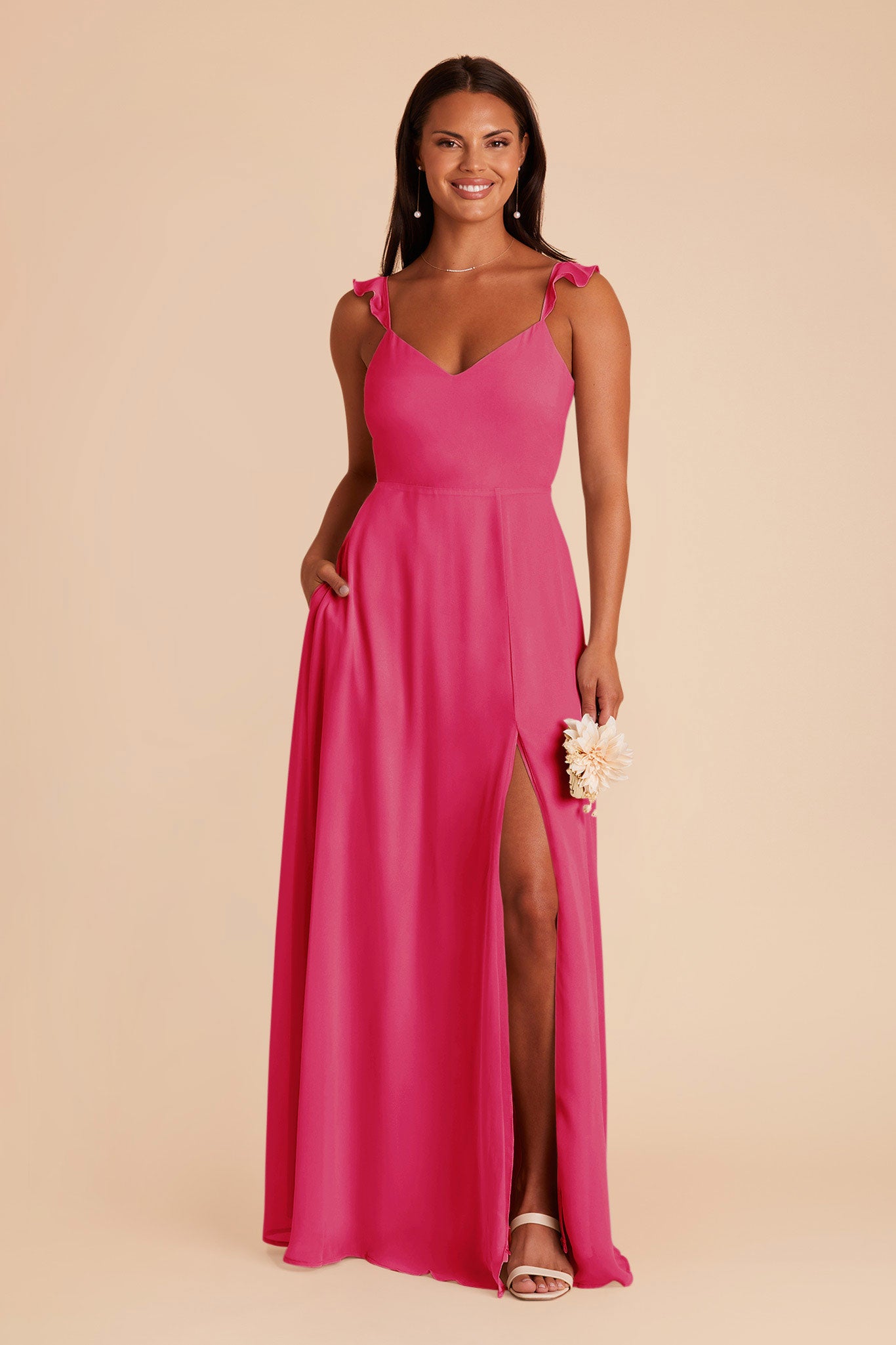 Flowy Chiffon Bridesmaid Dress with Flutter Sleeves | Doris