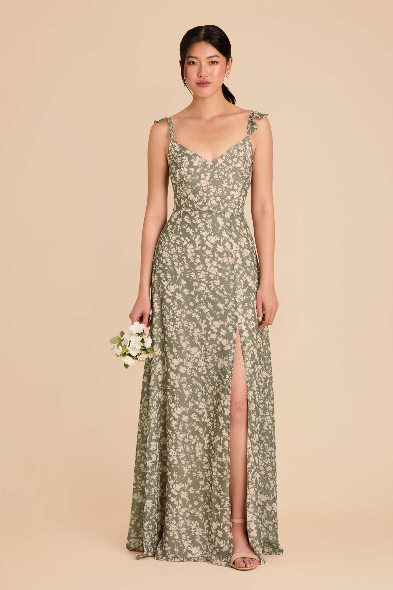 Flowy Chiffon Bridesmaid Dress with Flutter Sleeves | Thyme Dreamy Floral