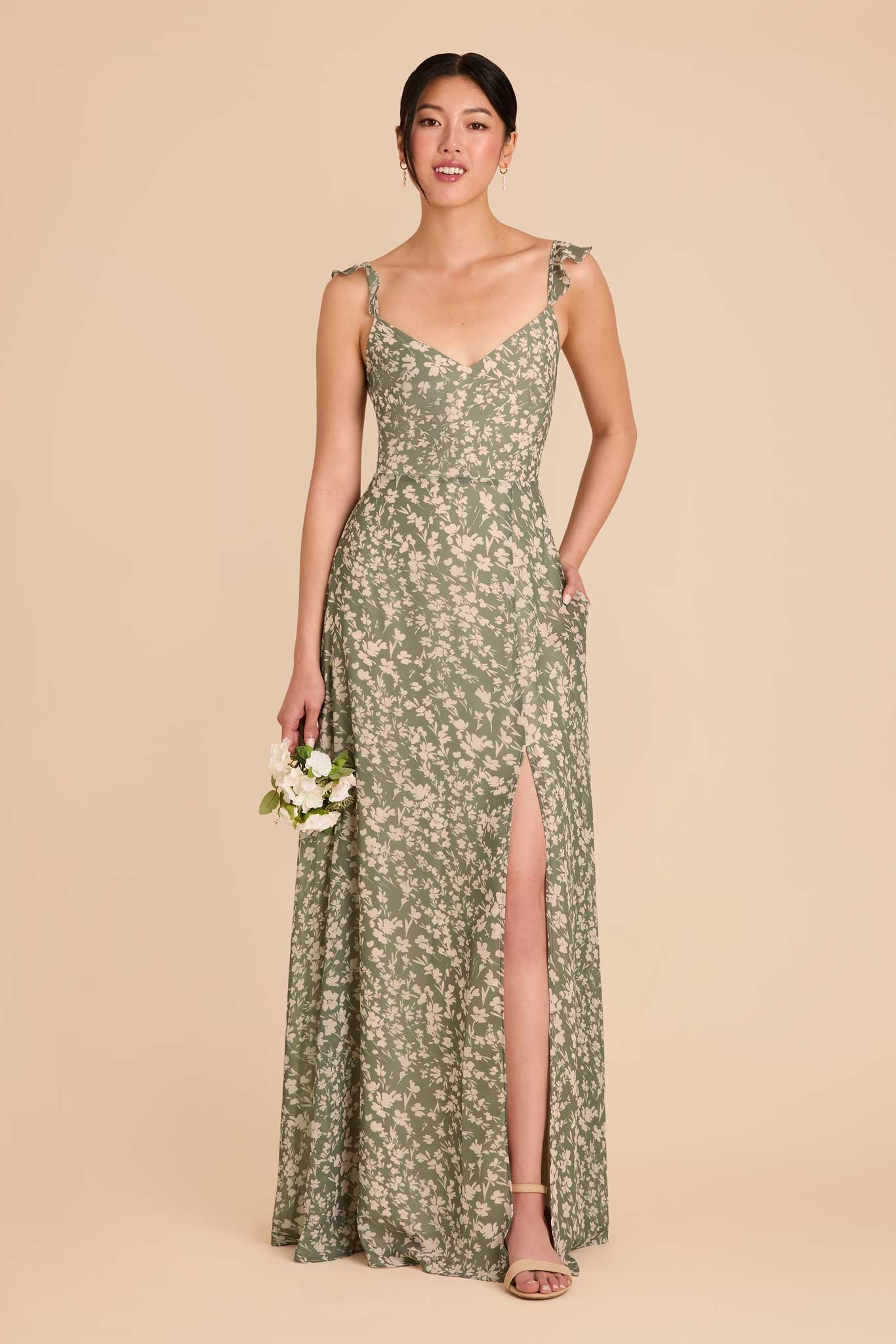 Flowy Chiffon Bridesmaid Dress with Flutter Sleeves | Thyme Dreamy Floral