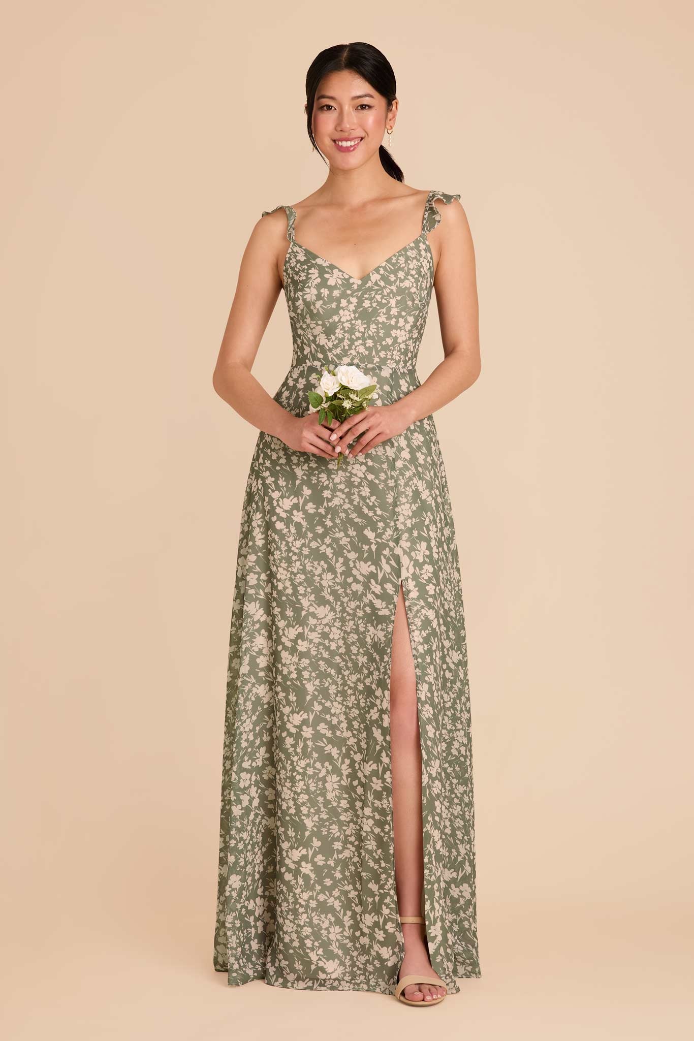 Flowy Chiffon Bridesmaid Dress with Flutter Sleeves | Thyme Dreamy Floral