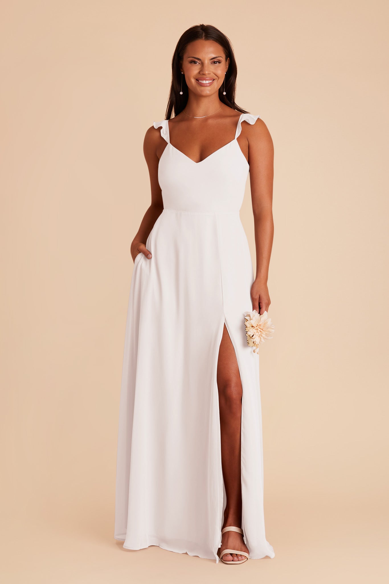 White Chiffon Bridesmaid Dress with Flutter Sleeves | Doris