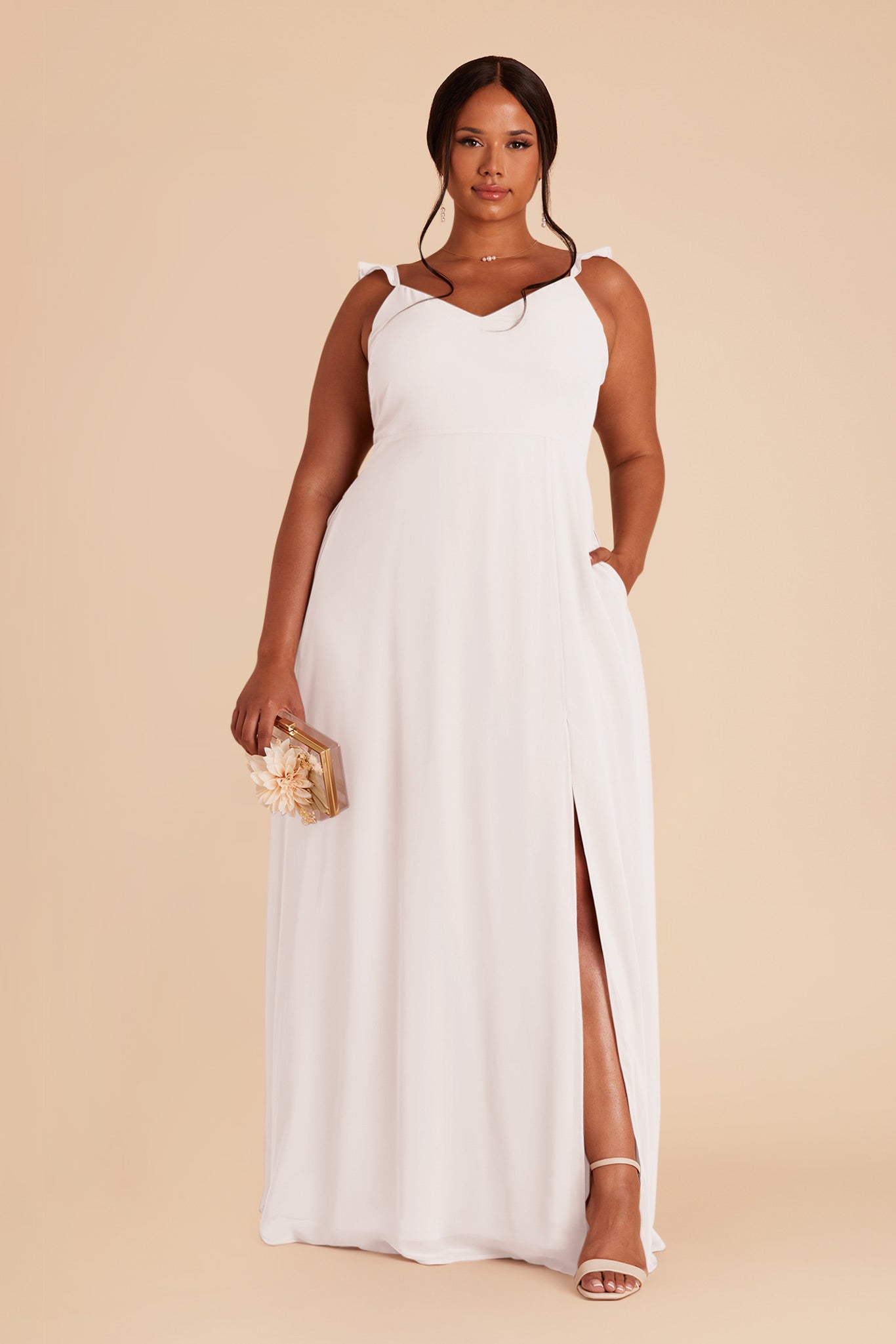 White Chiffon Bridesmaid Dress with Flutter Sleeves | Doris