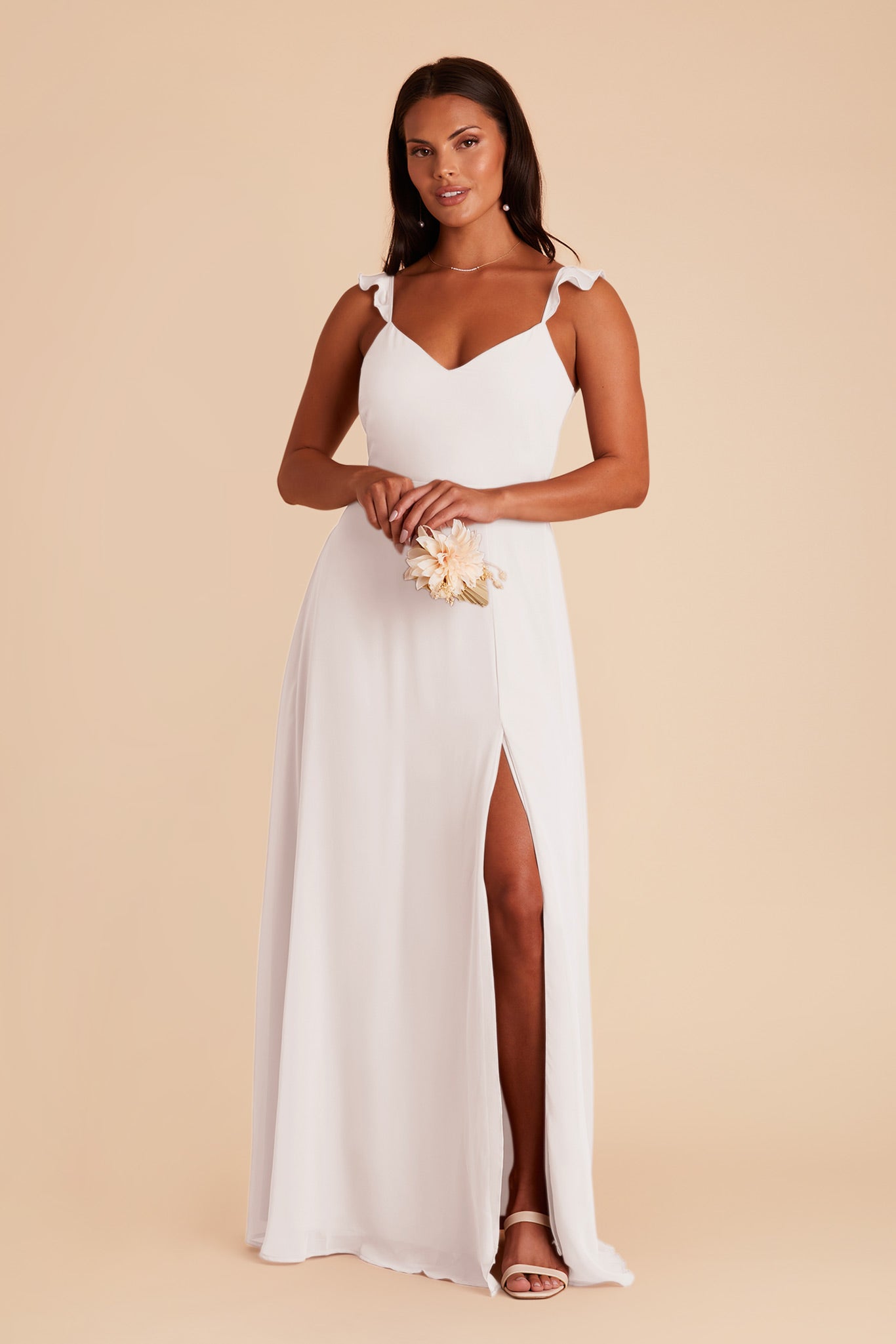 White Chiffon Bridesmaid Dress with Flutter Sleeves | Doris