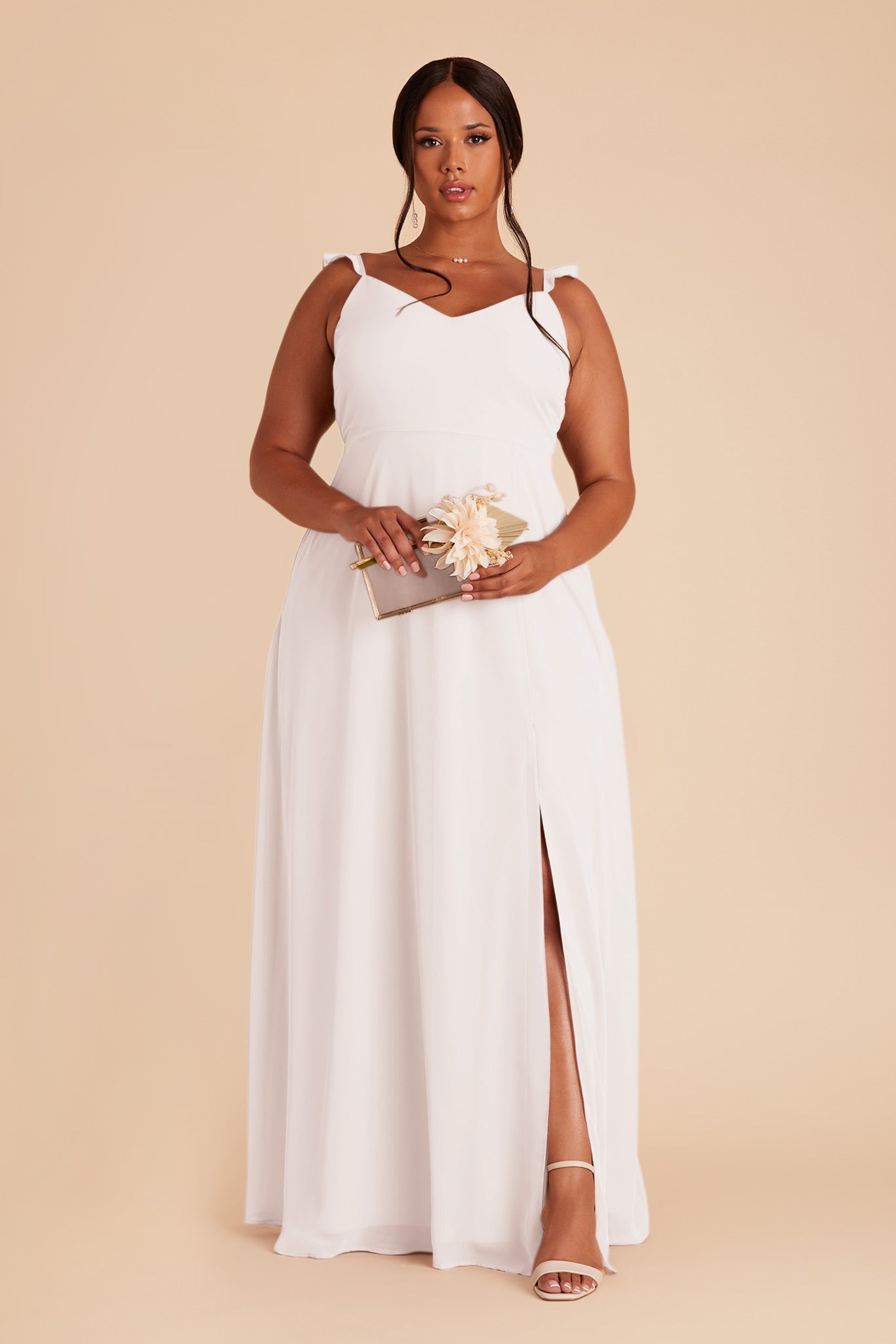 White Chiffon Bridesmaid Dress with Flutter Sleeves | Doris