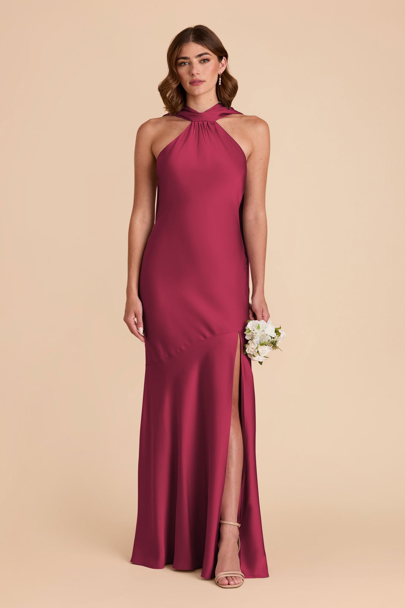 Matte Satin Halter Neck Gown with Train | Eileen Dress - Berry