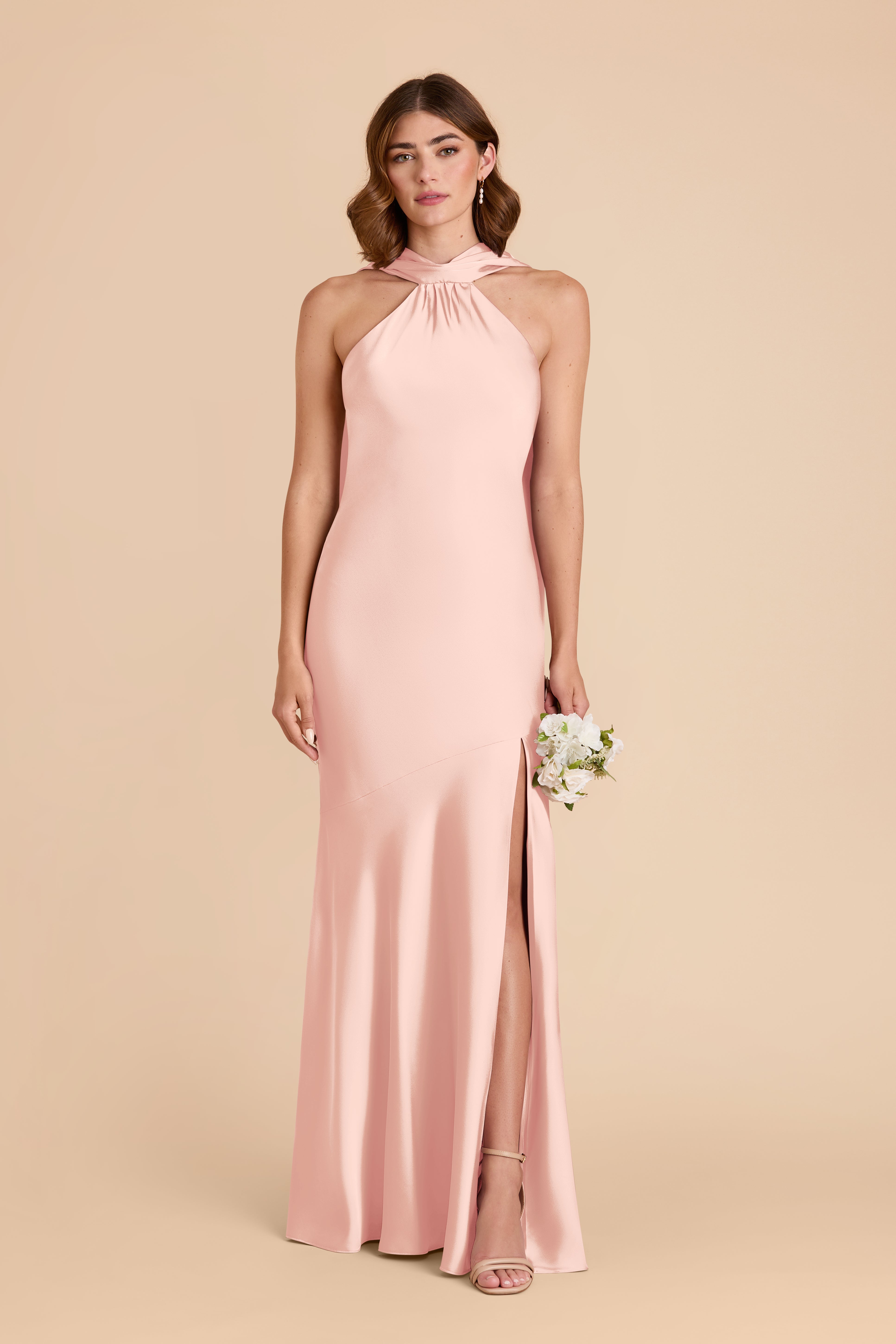 Blush Pink Satin Halter Neck Gown with Train | Eileen Dress