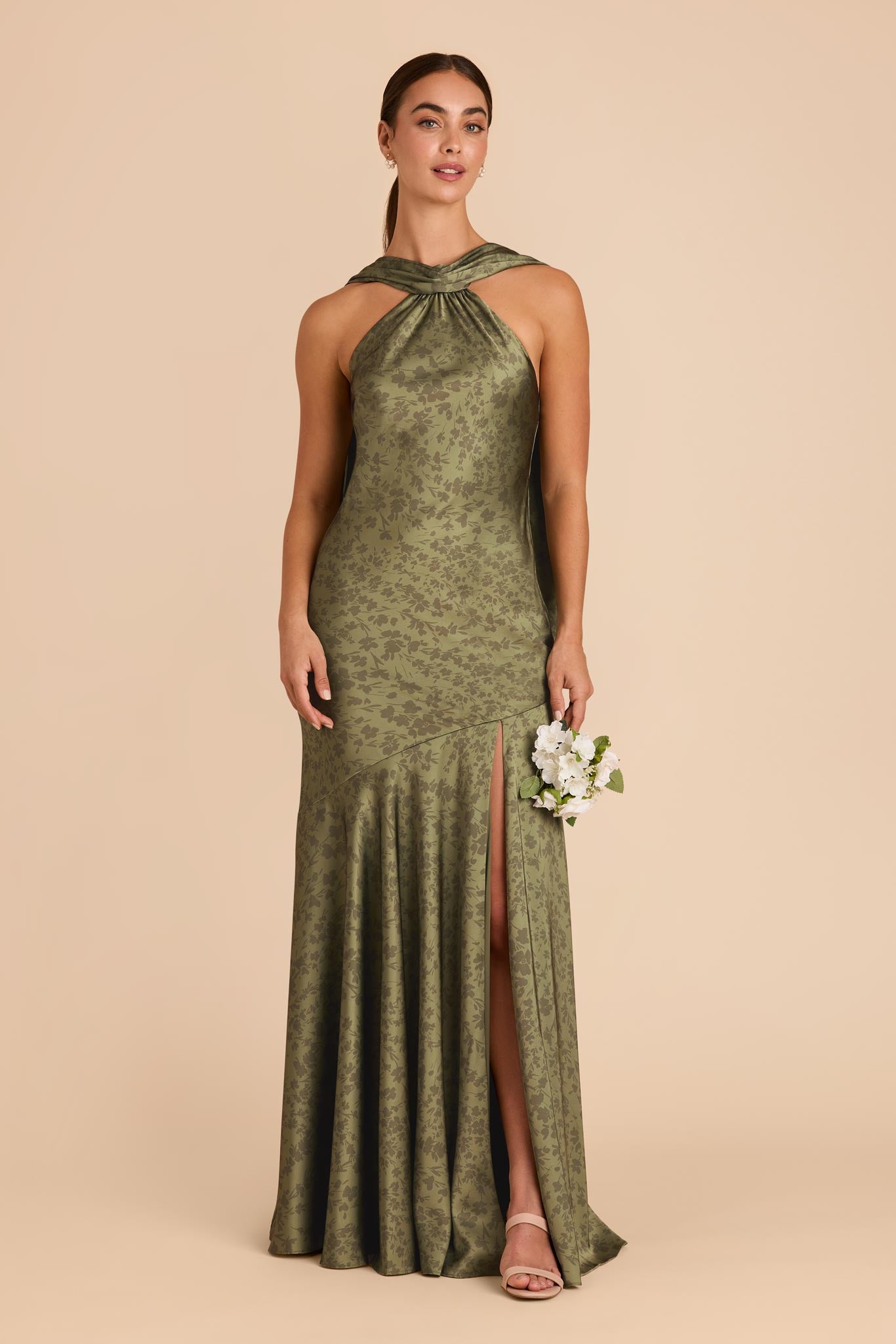 Matte Satin Halter Neck Gown with Train | Eileen Floral Dress